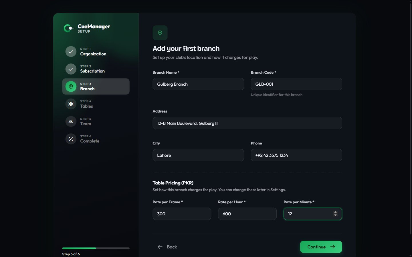 Onboarding step 3 with branch name, code, address, and table pricing rates