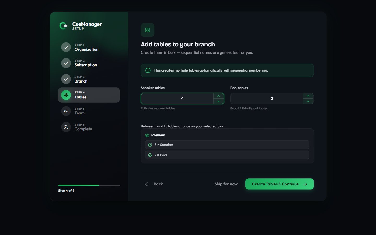 Onboarding step 4 with snooker and pool table counts and a preview of generated table names
