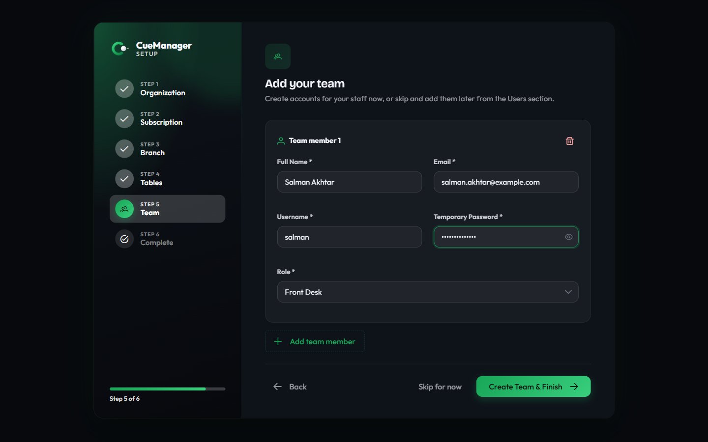 Onboarding step 5 with team member name, email, username, temporary password, and role