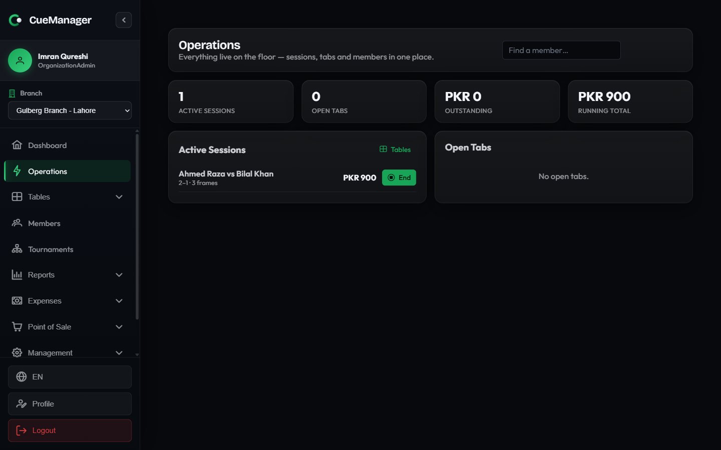 Operations console showing KPI strip, active session rows with end buttons, and open tab rows with settle buttons