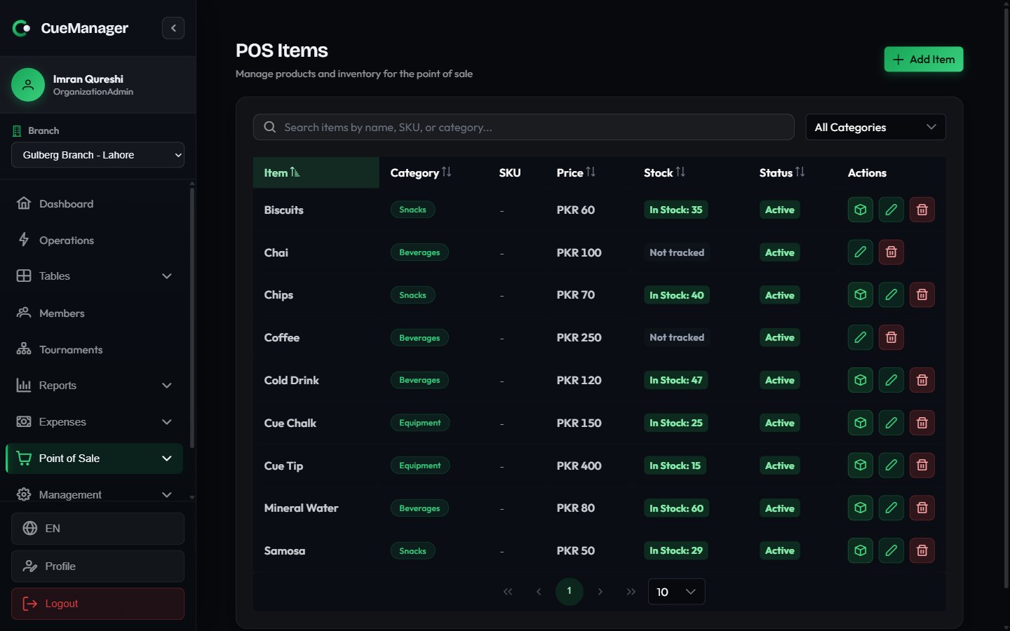 POS items list showing item names, categories, prices, and stock tags alongside the update stock dialog