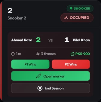 Active session panel showing player names, frame score, timer and running total