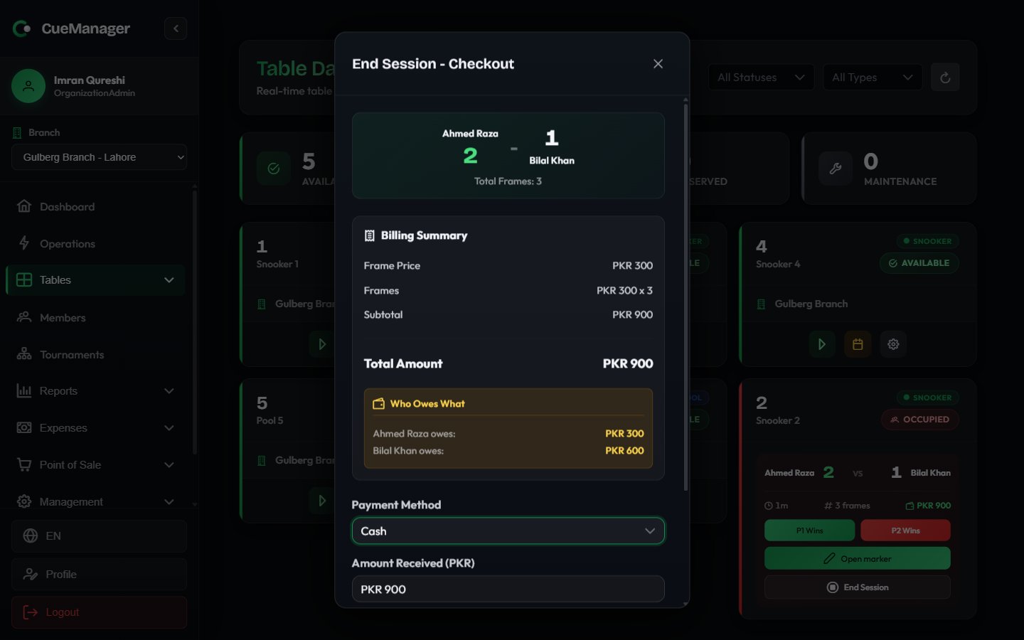 End Session checkout dialog with billing summary and per-player split
