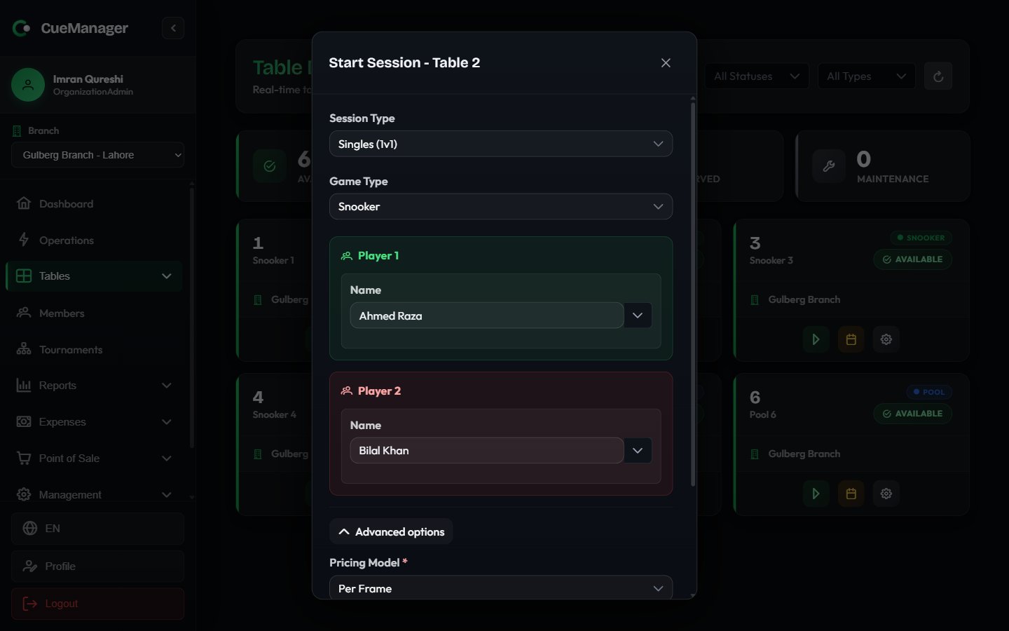 Start Session dialog showing session type, game type, player fields and advanced pricing