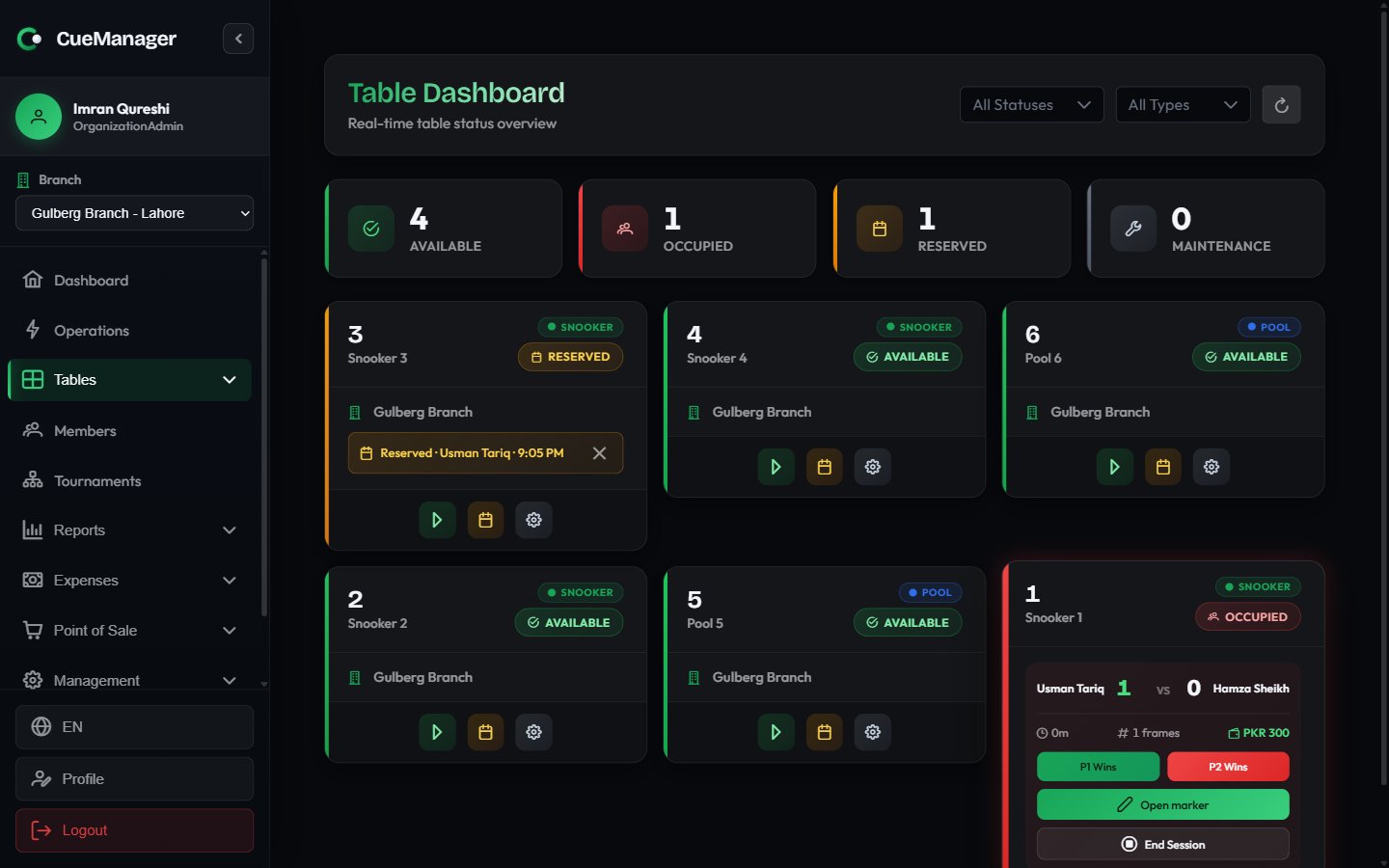 Table dashboard showing snooker and pool table cards with status counters