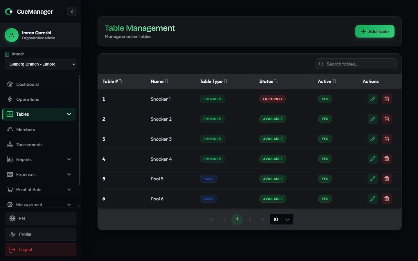 Table Management list showing Snooker 1-4 and Pool 1-2 with type and status columns
