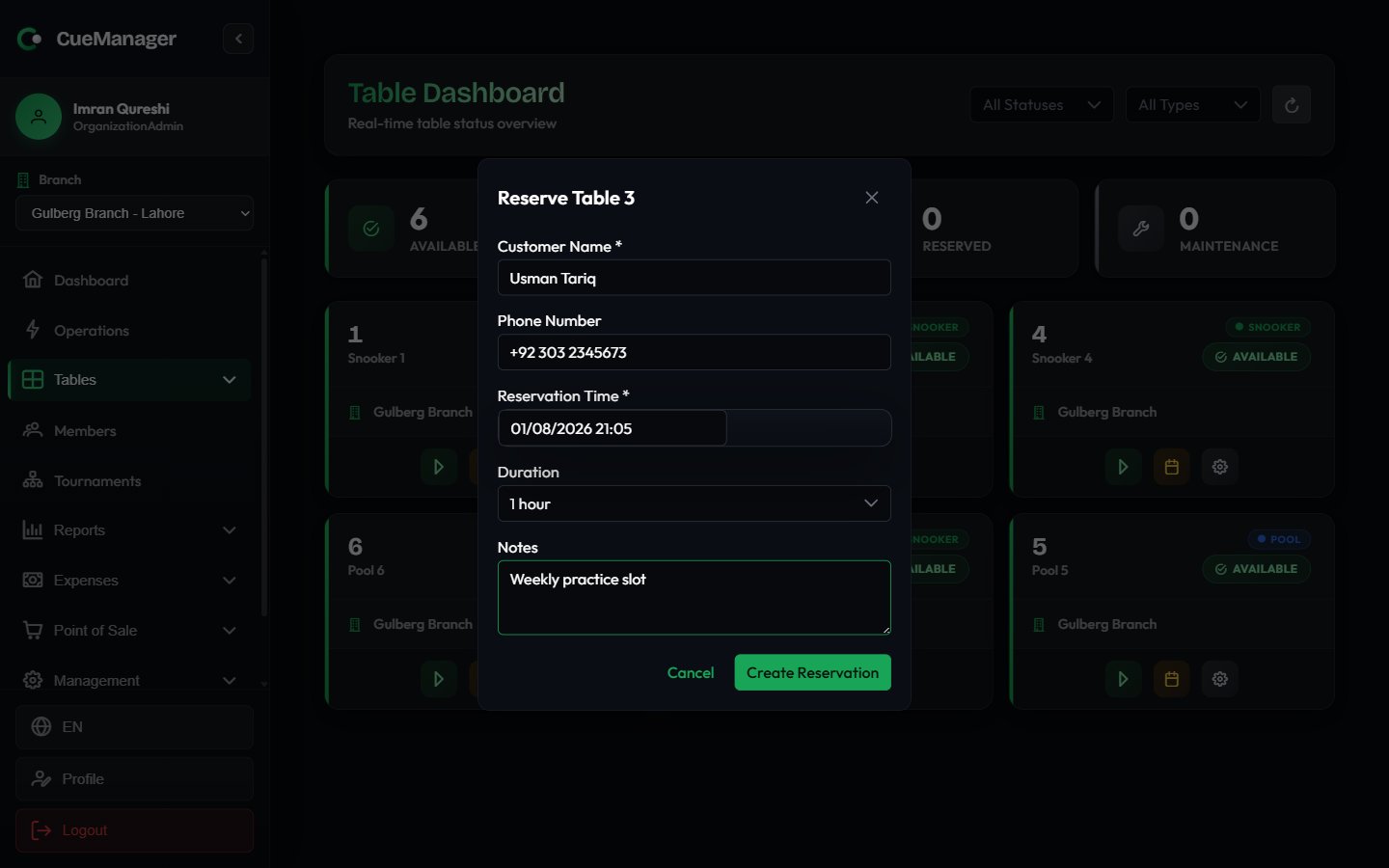 Reserve Table dialog with customer name, phone, reservation time and duration