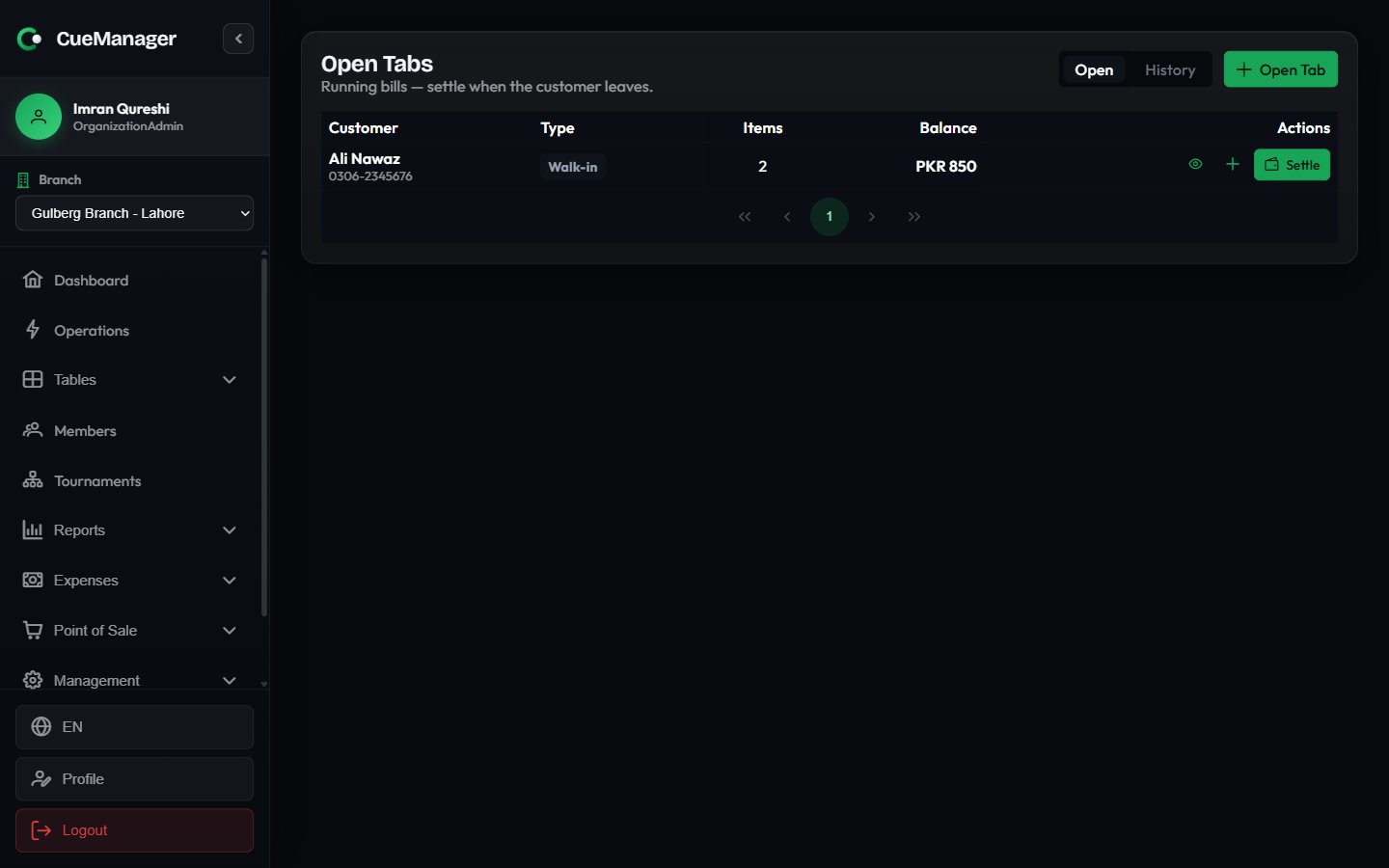 Open tabs list showing customer names, member and walk-in tags, item counts, balances, and Settle buttons