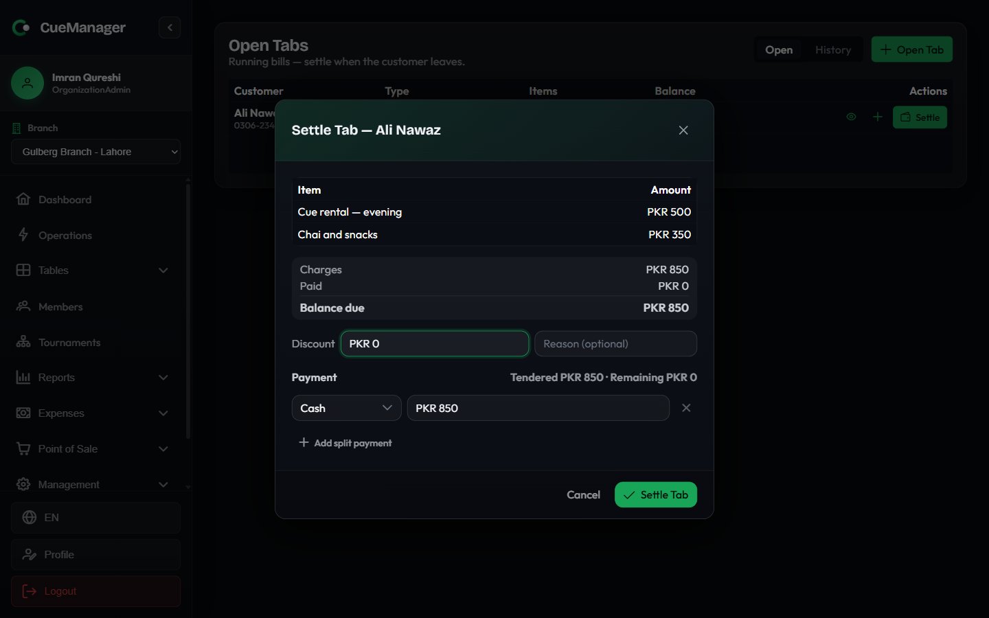 Settle tab dialog showing the charge list, balance due, a discount field, and payment tender rows
