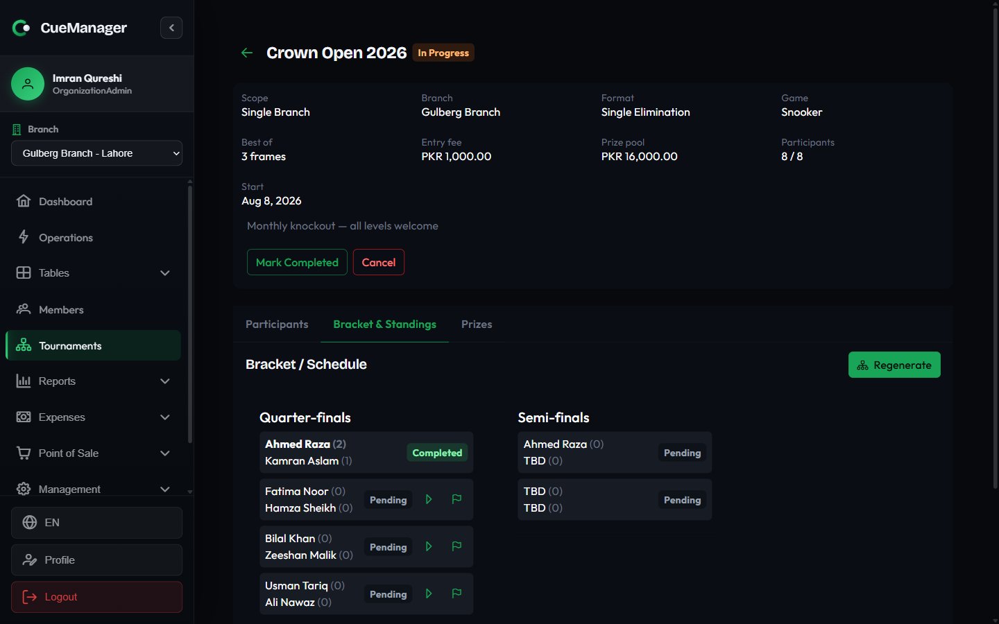 Tournament bracket showing rounds of matches with player names, scores, and status tags