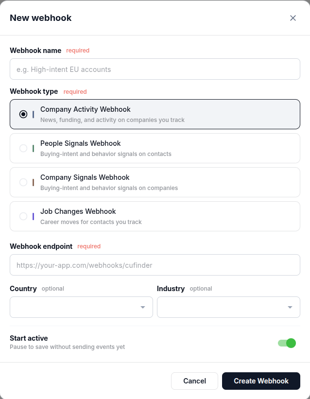 Company Activity Webhook configuration dialog