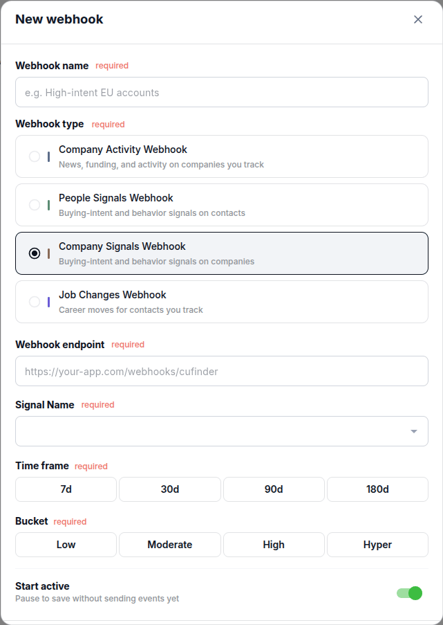 Company Signals Webhook configuration dialog