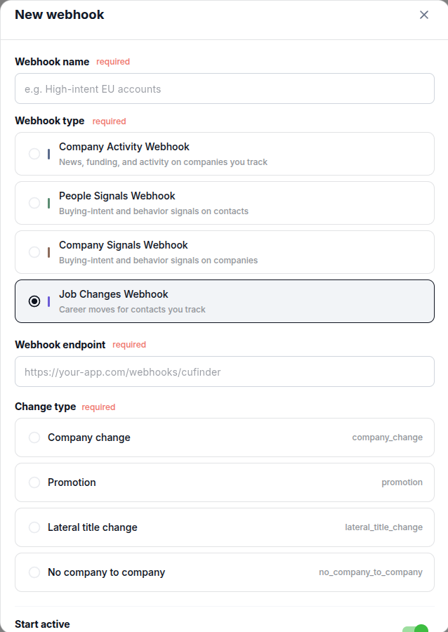 Job Changes Webhook configuration dialog