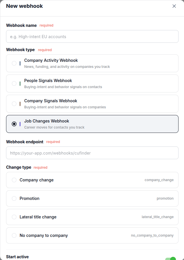 Job Changes Webhook configuration dialog