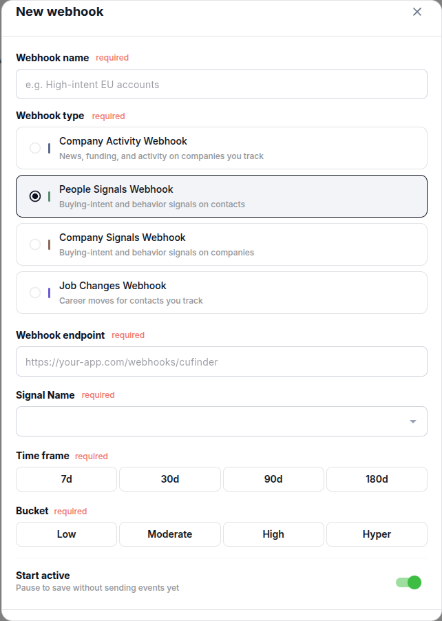 People Signals Webhook configuration dialog