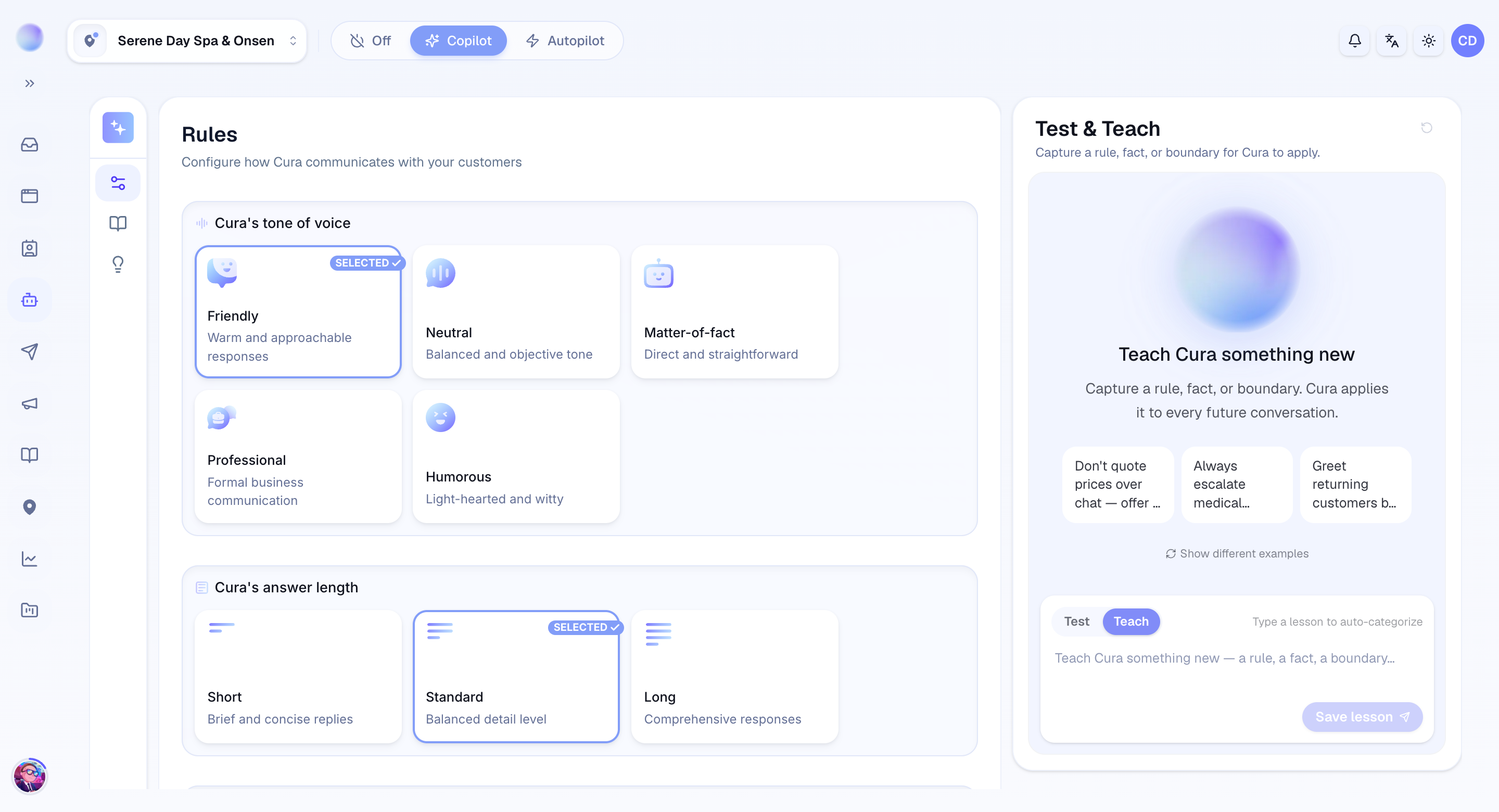 Teach mode: capture a rule, fact, or boundary and save it as a lesson Cura applies to every conversation