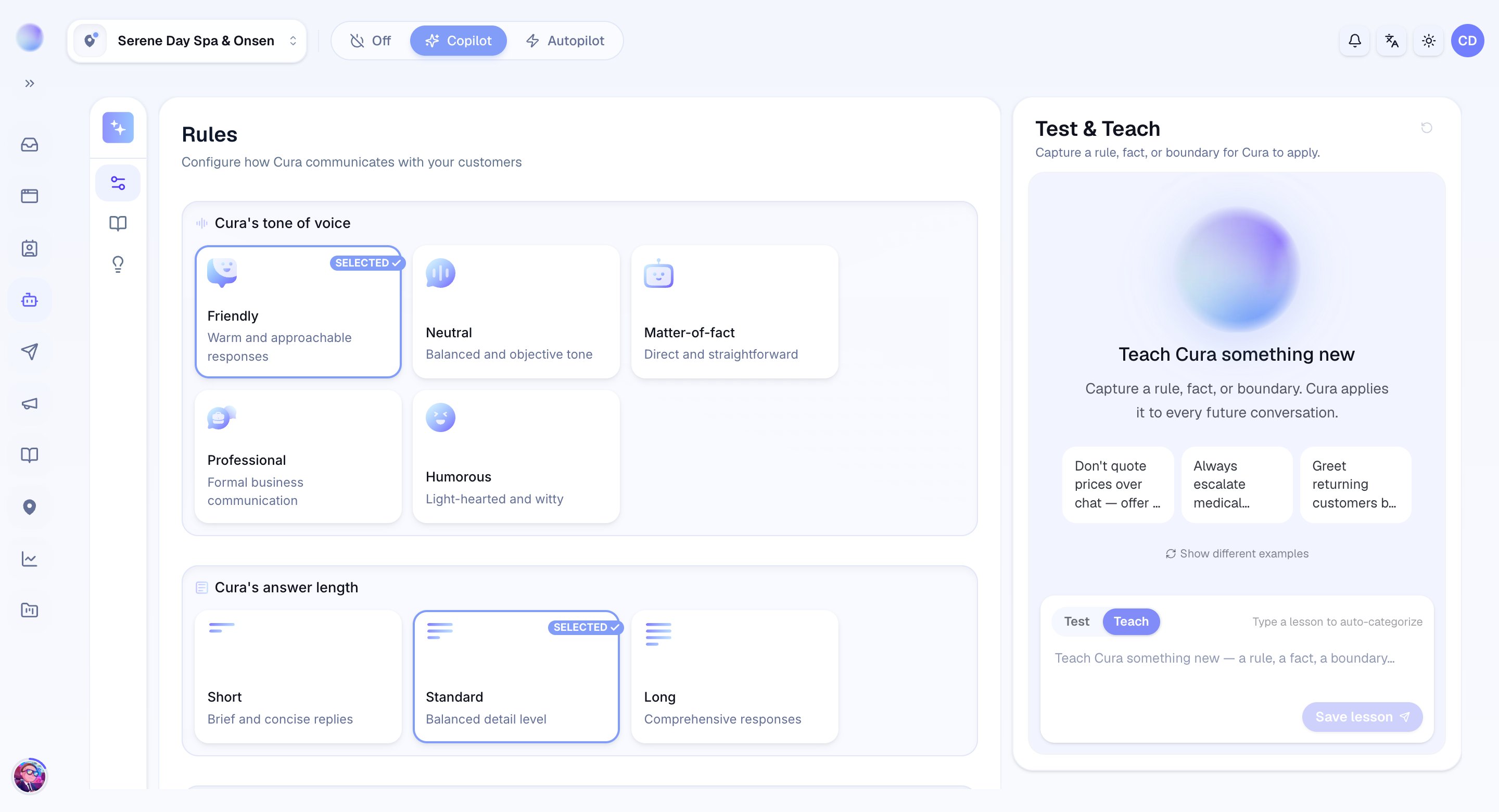 Teach mode: capture a rule, fact, or boundary and save it as a lesson Cura applies to every conversation