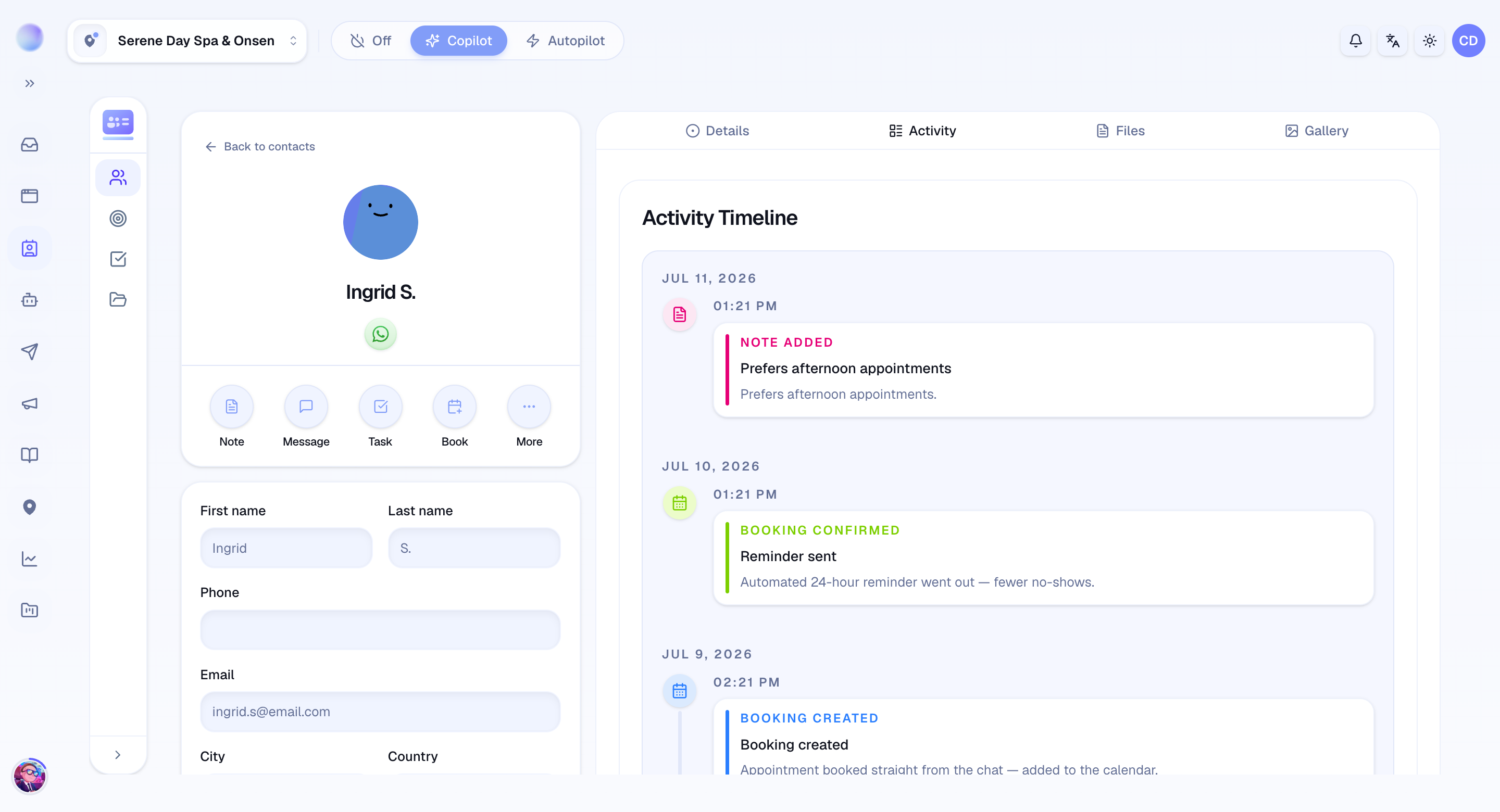 A contact's detail page in Cura with profile fields, notes, and the activity timeline