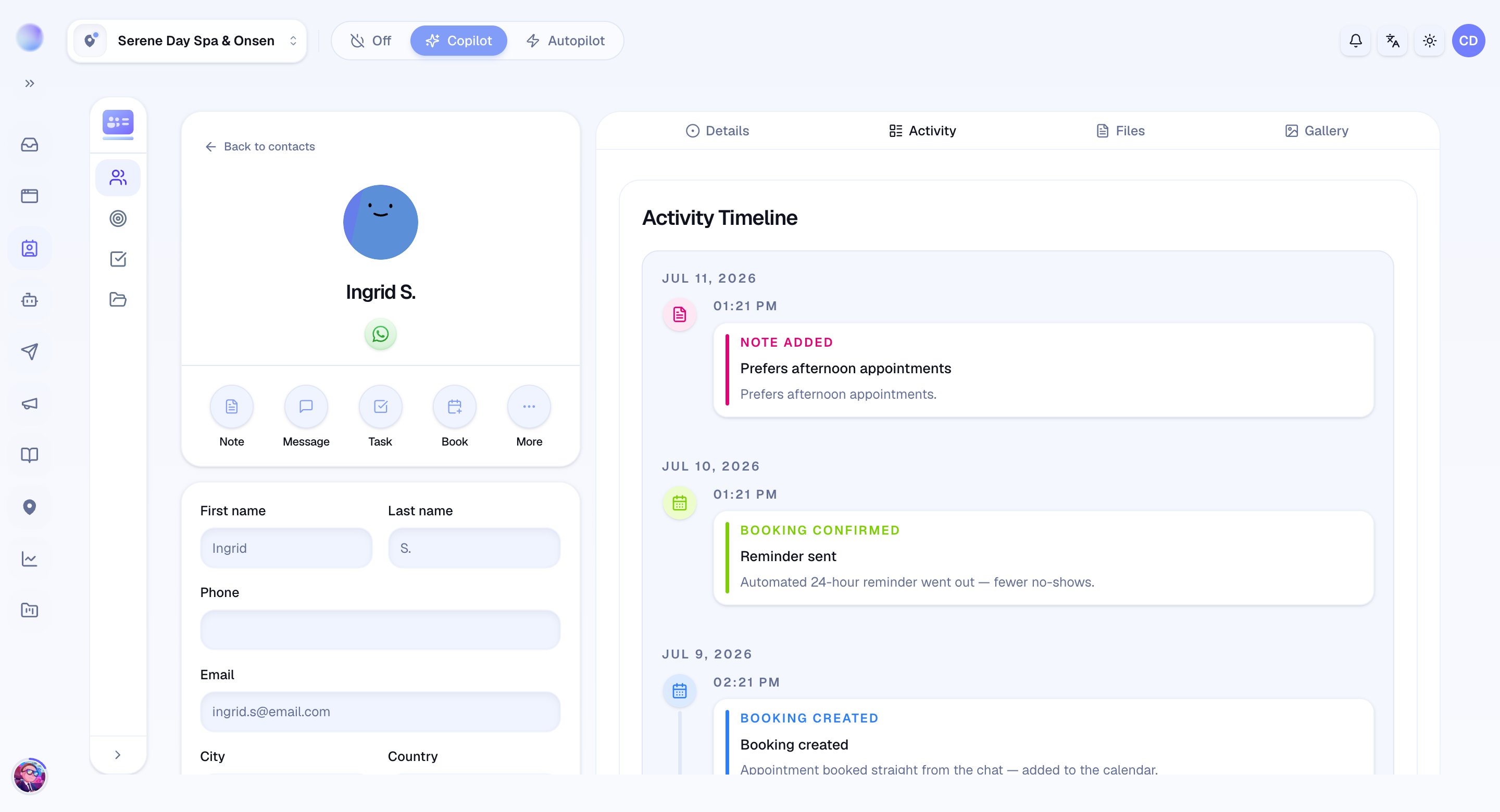 A contact's detail page in Cura with profile fields, notes, and the activity timeline
