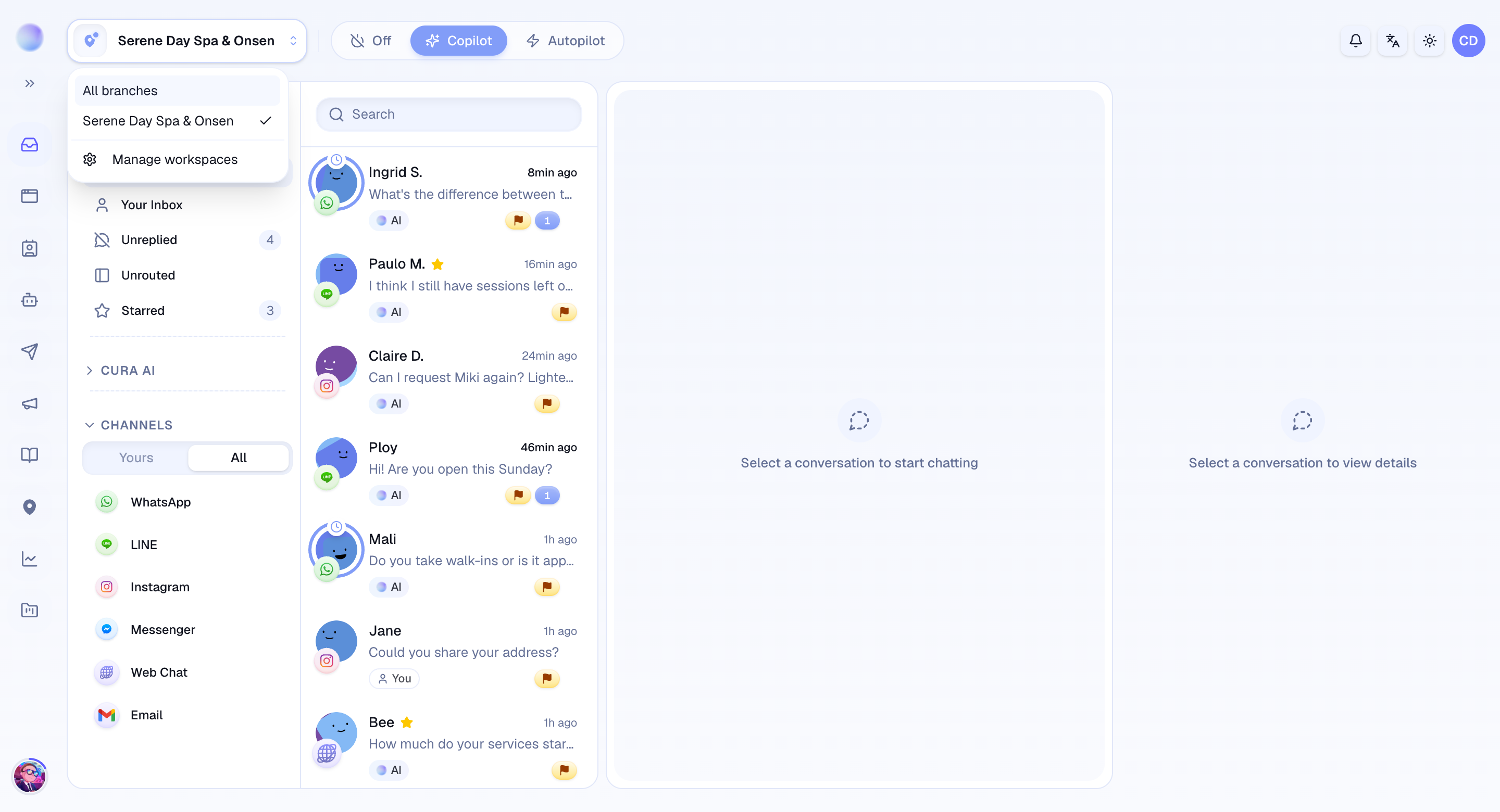 The branch selector in Cura listing every branch, with All Branches and Manage workspaces