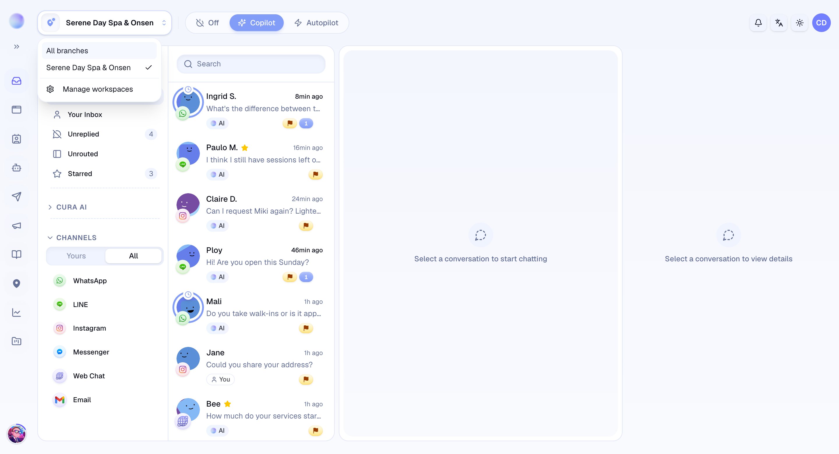 The branch selector in Cura listing every branch, with All Branches and Manage workspaces