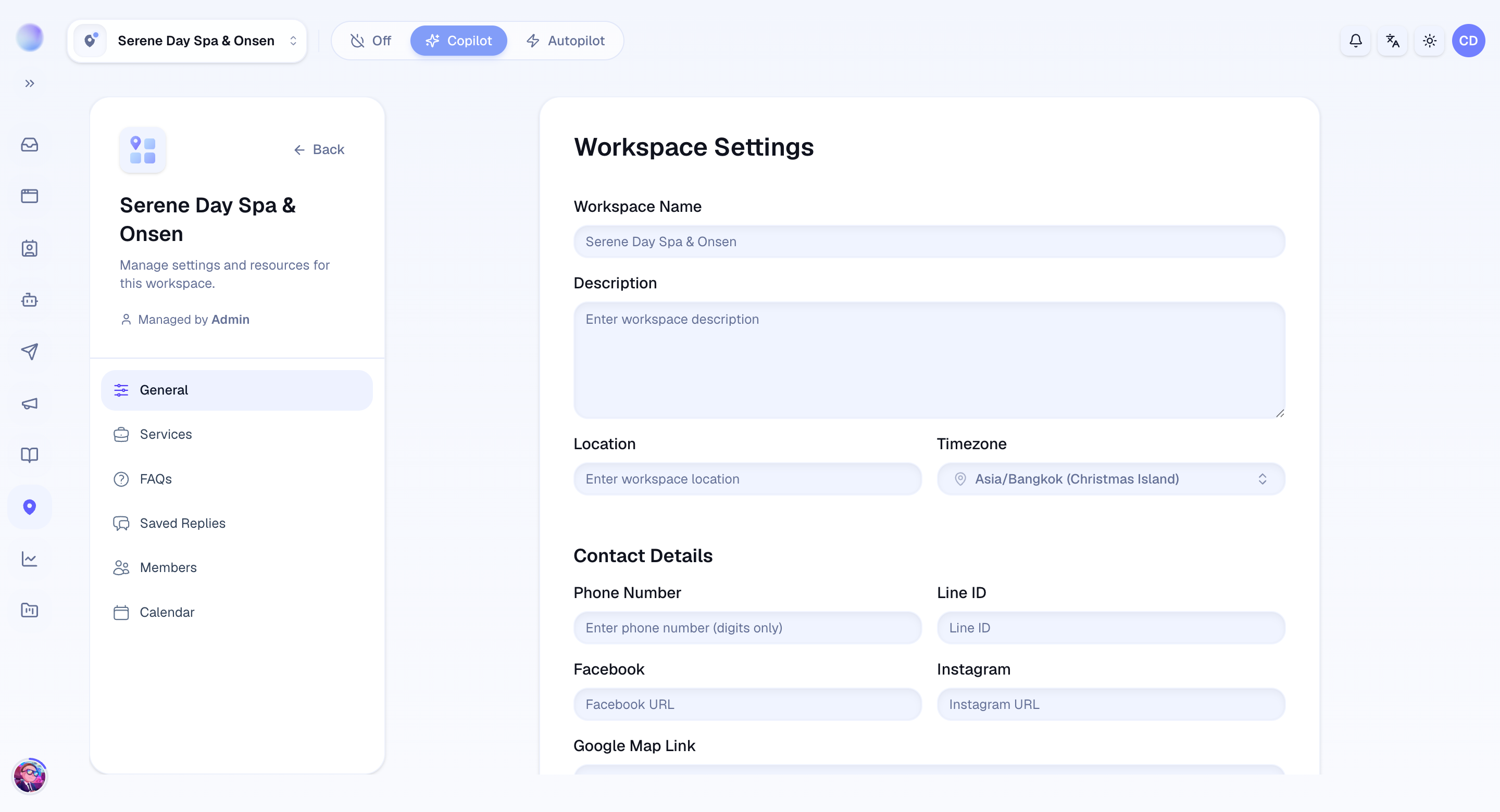 The workspace settings page in Cura: name, description, location, and timezone