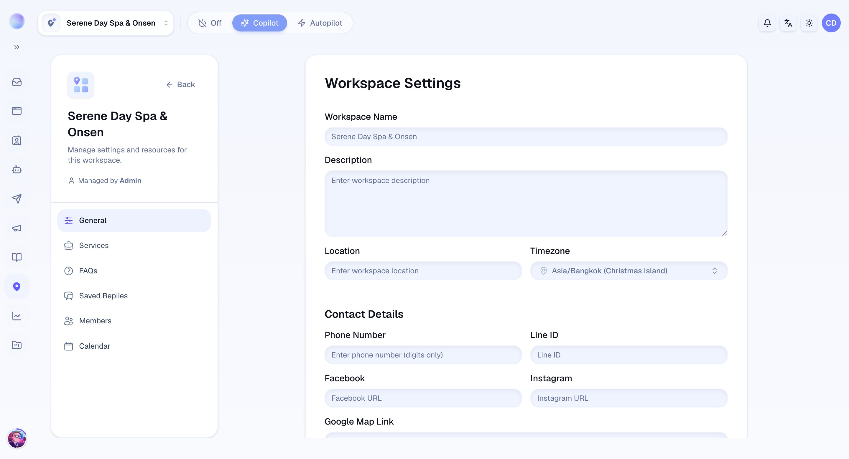 The workspace settings page in Cura: name, description, location, and timezone