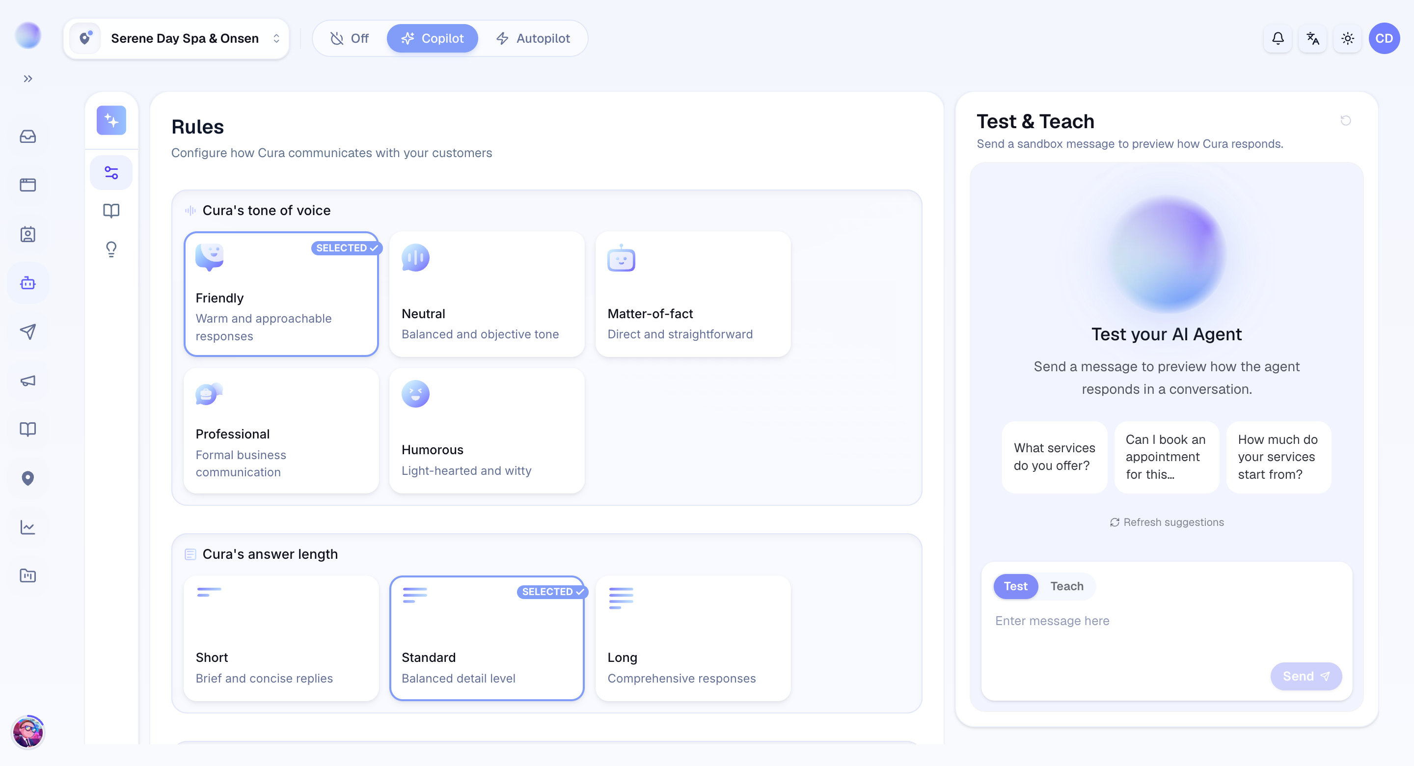 The AI Agent settings in Cura where you set the agent's tone, length, and rules