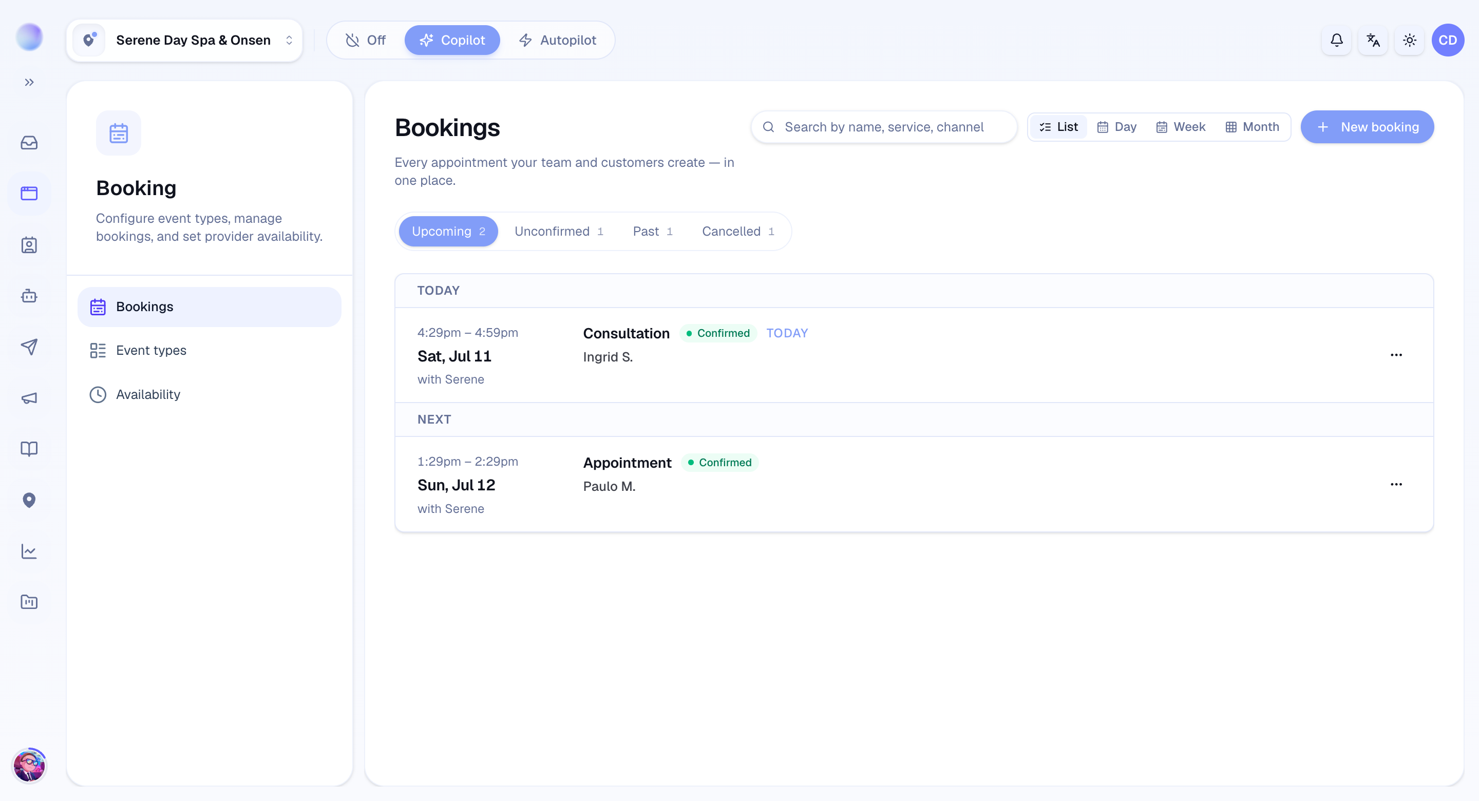 The Cura Bookings page listing upcoming appointments with their status