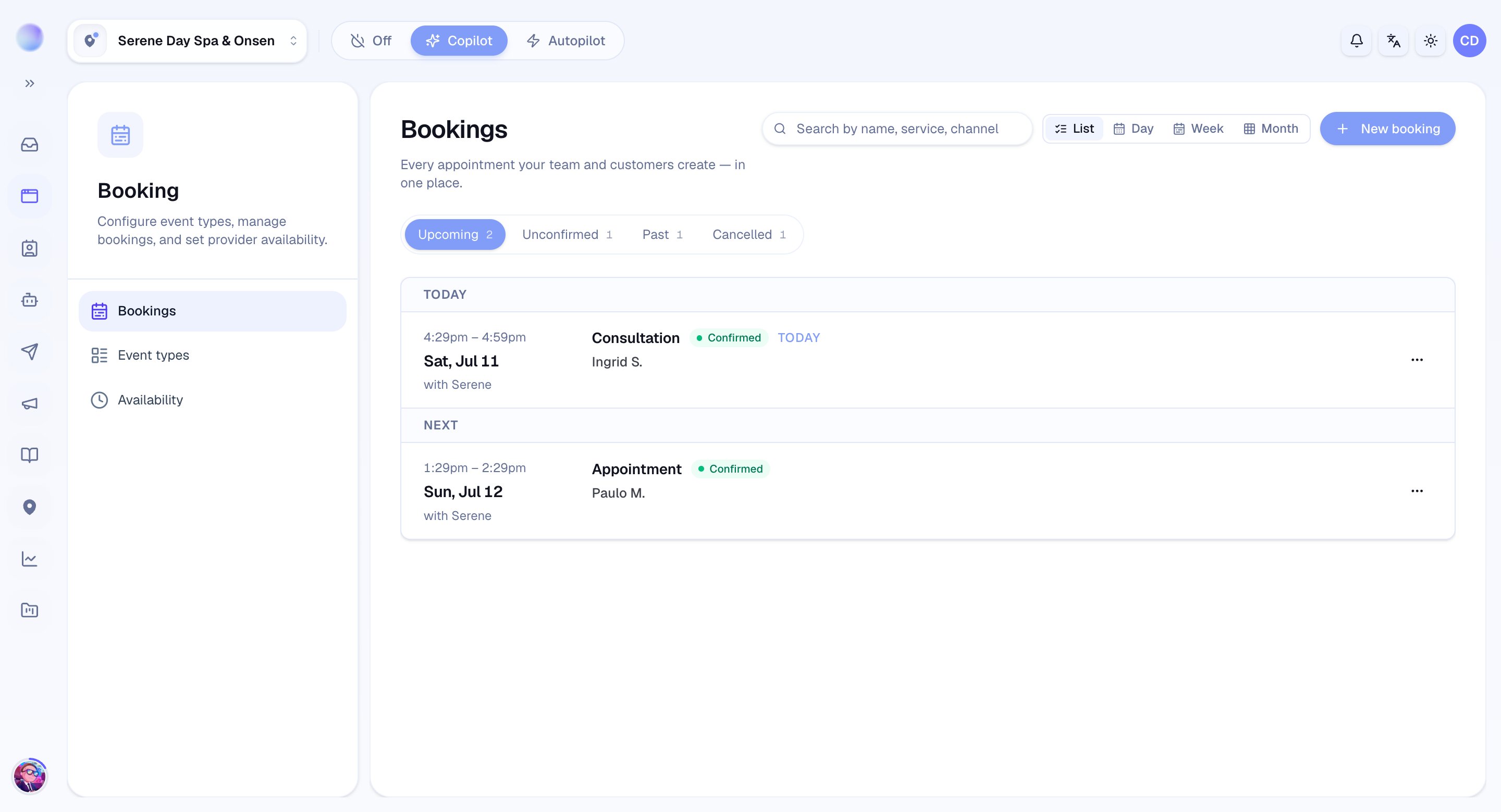 The Cura Bookings page listing upcoming appointments with their status