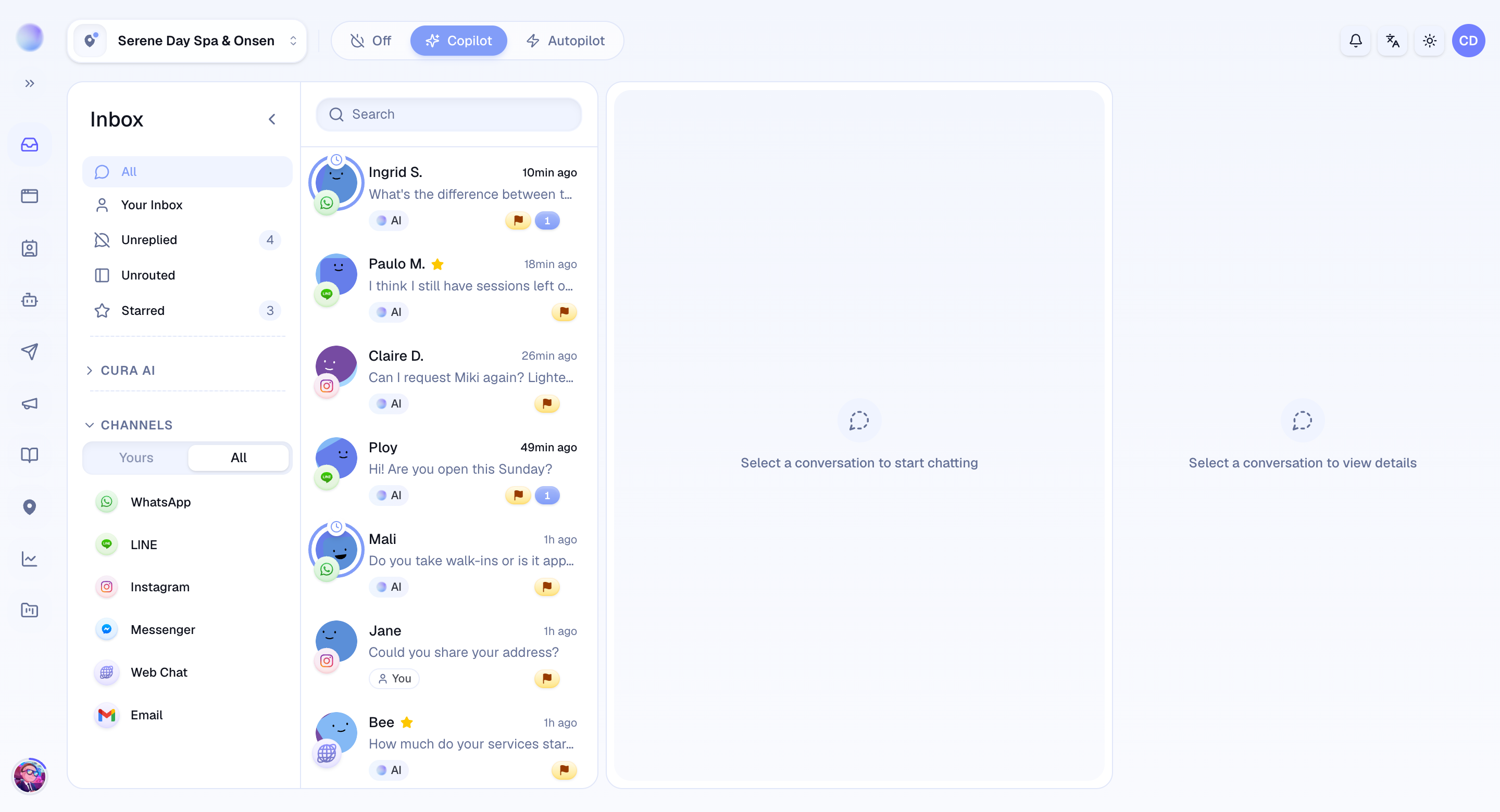 The Cura navigation menu alongside the inbox