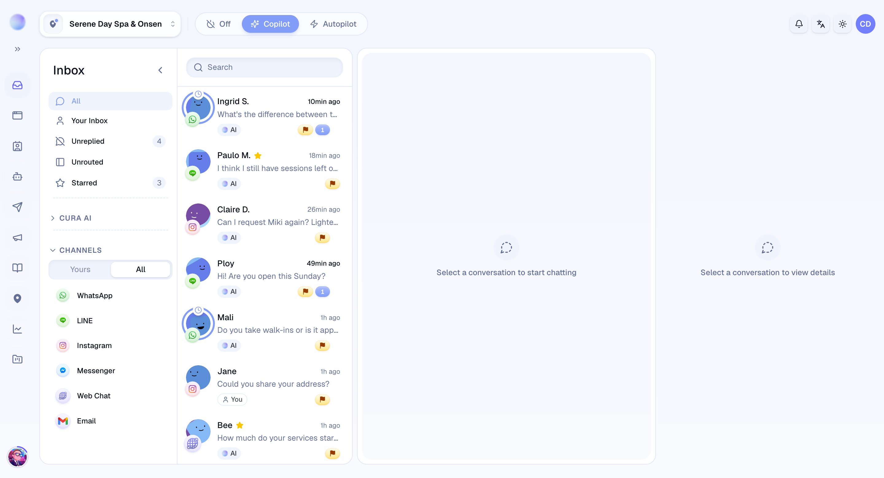 The Cura navigation menu alongside the inbox