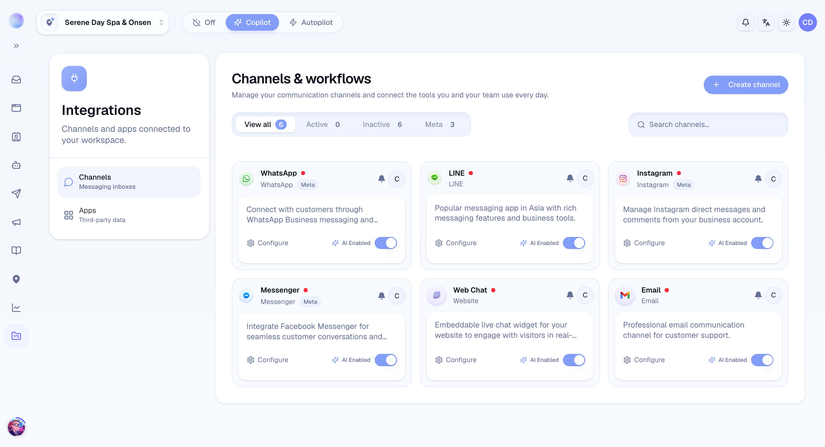 The Cura Channels page showing WhatsApp, LINE, Instagram, Messenger, Web Chat, and Email