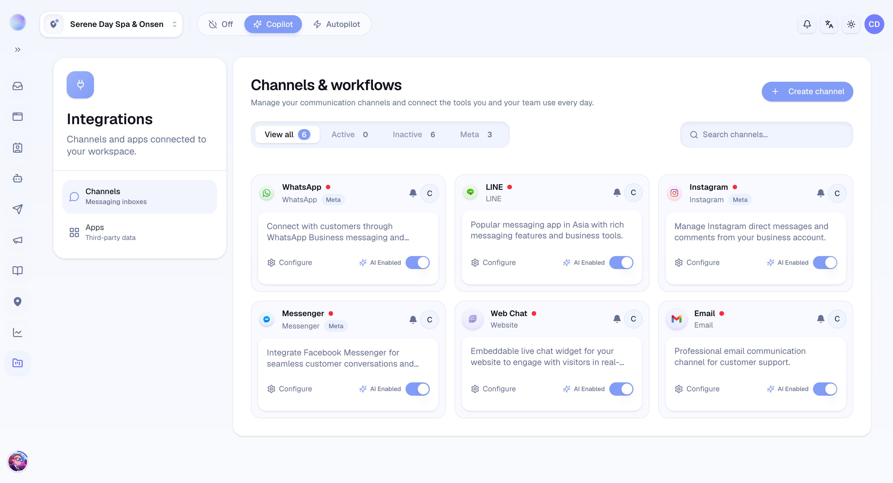 The Cura Channels page showing WhatsApp, LINE, Instagram, Messenger, Web Chat, and Email