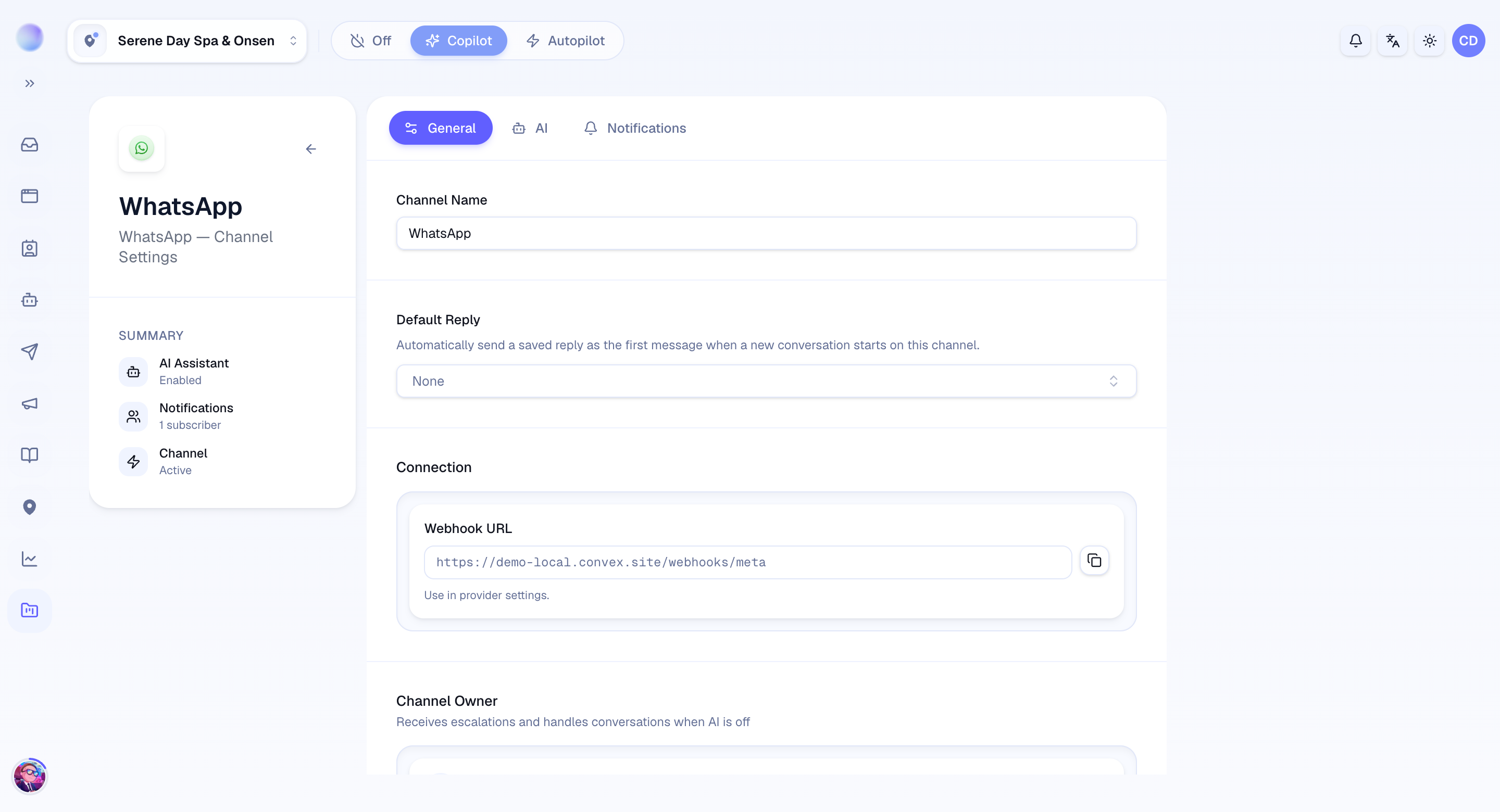 A channel's settings in Cura — name, default reply, connection, and AI options