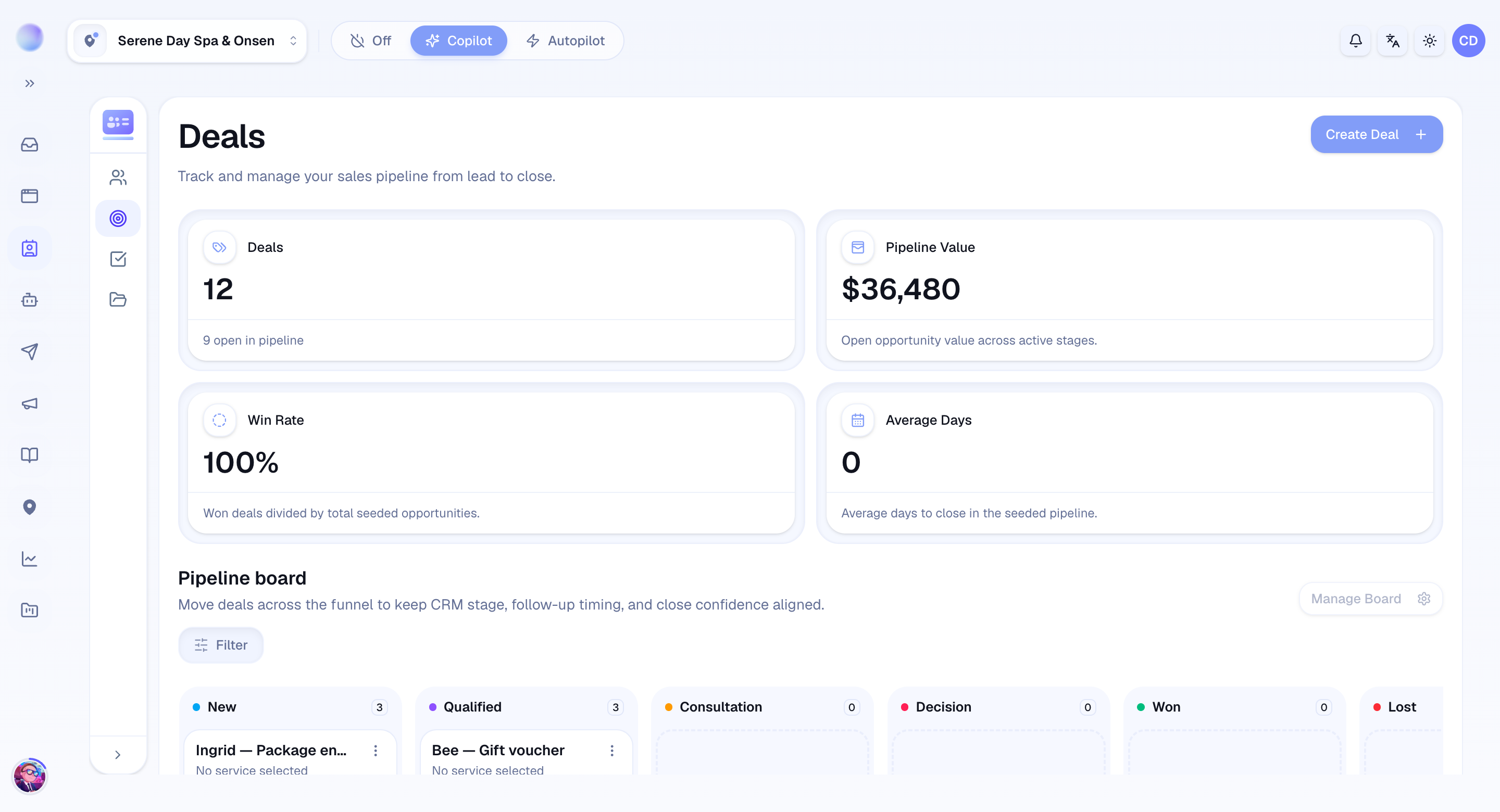The Cura deals pipeline board with deal cards moving across stages