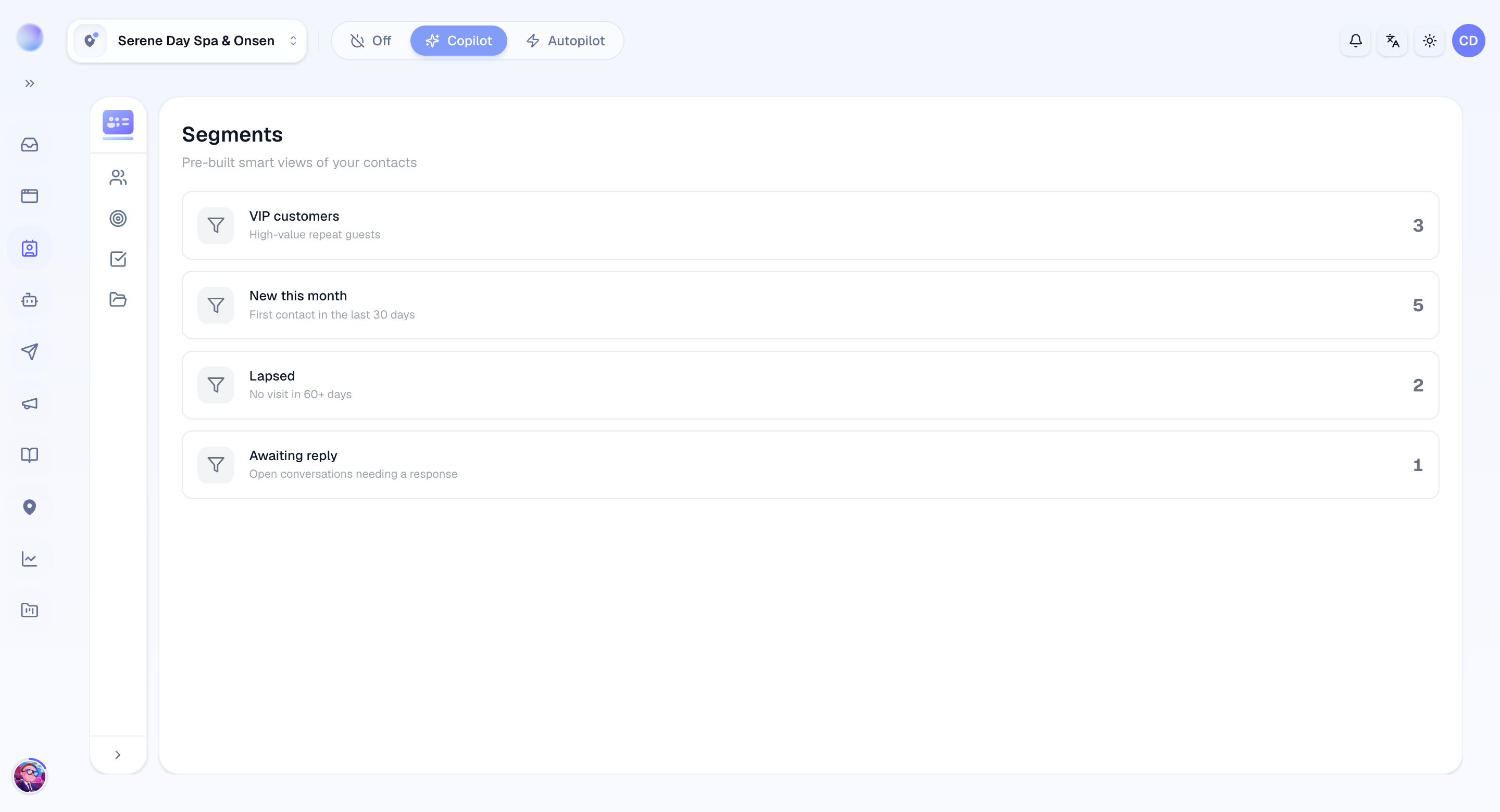 Segments in Cura — smart views like VIP customers, New this month, and Lapsed