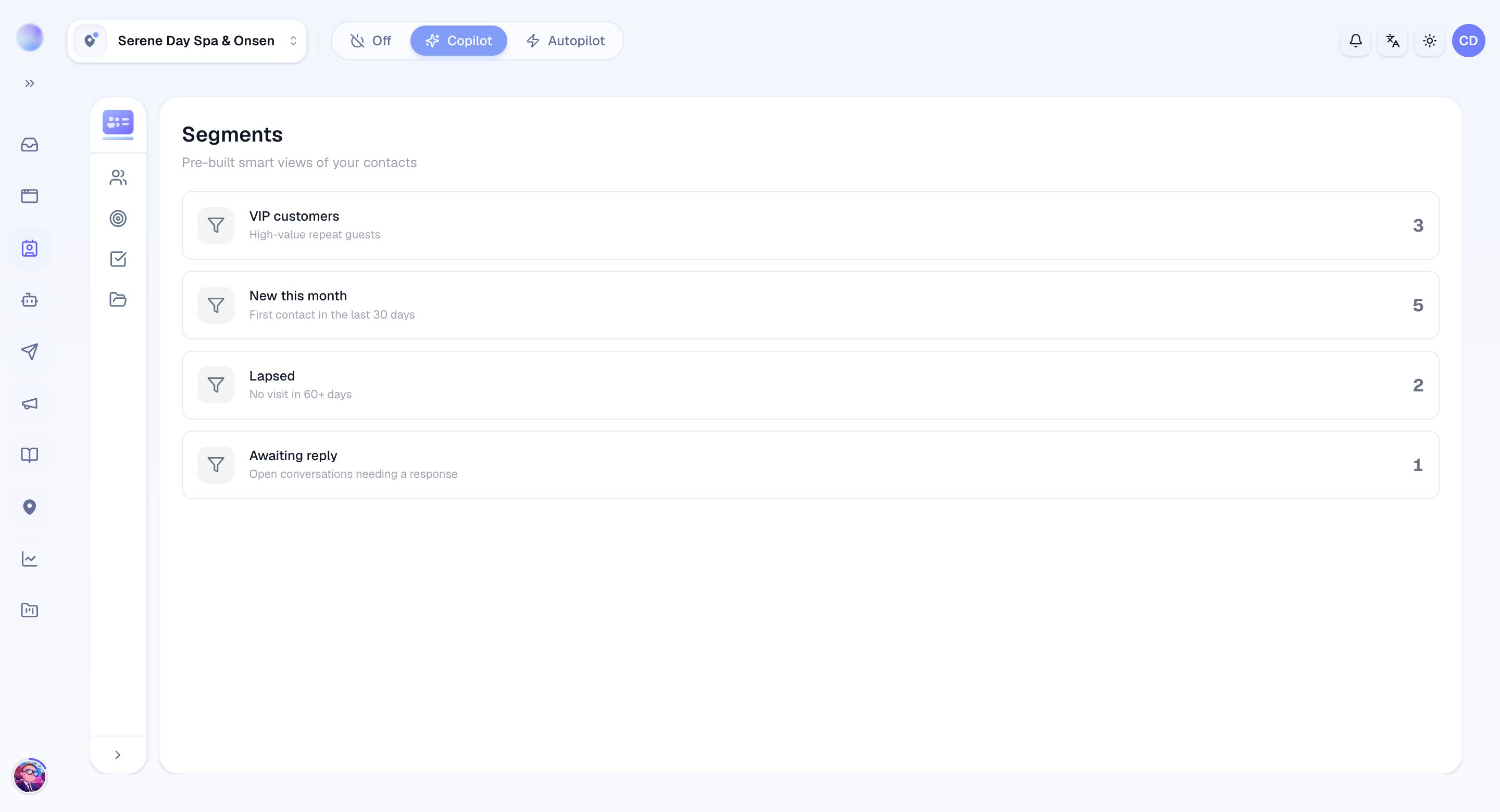 Segments in Cura — smart views like VIP customers, New this month, and Lapsed