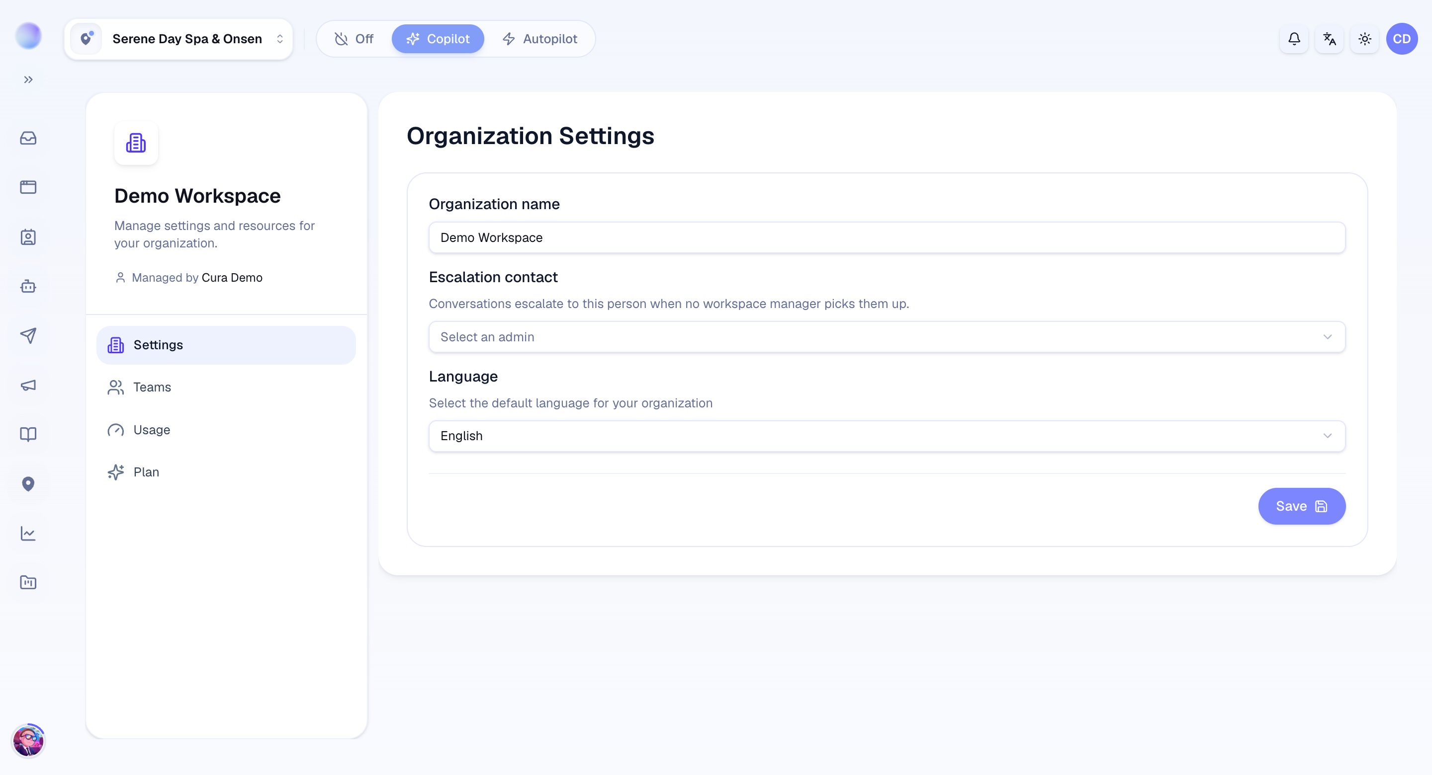 Organization settings in Cura with the organization name and escalation contact