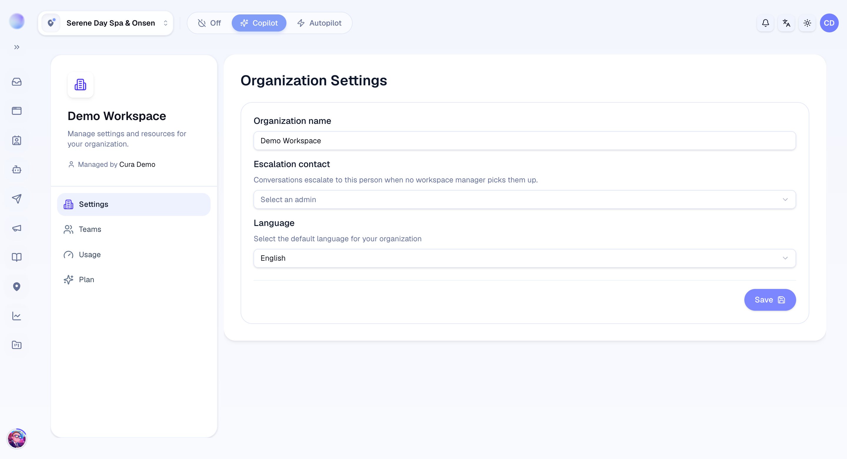 Organization settings in Cura with the organization name and escalation contact