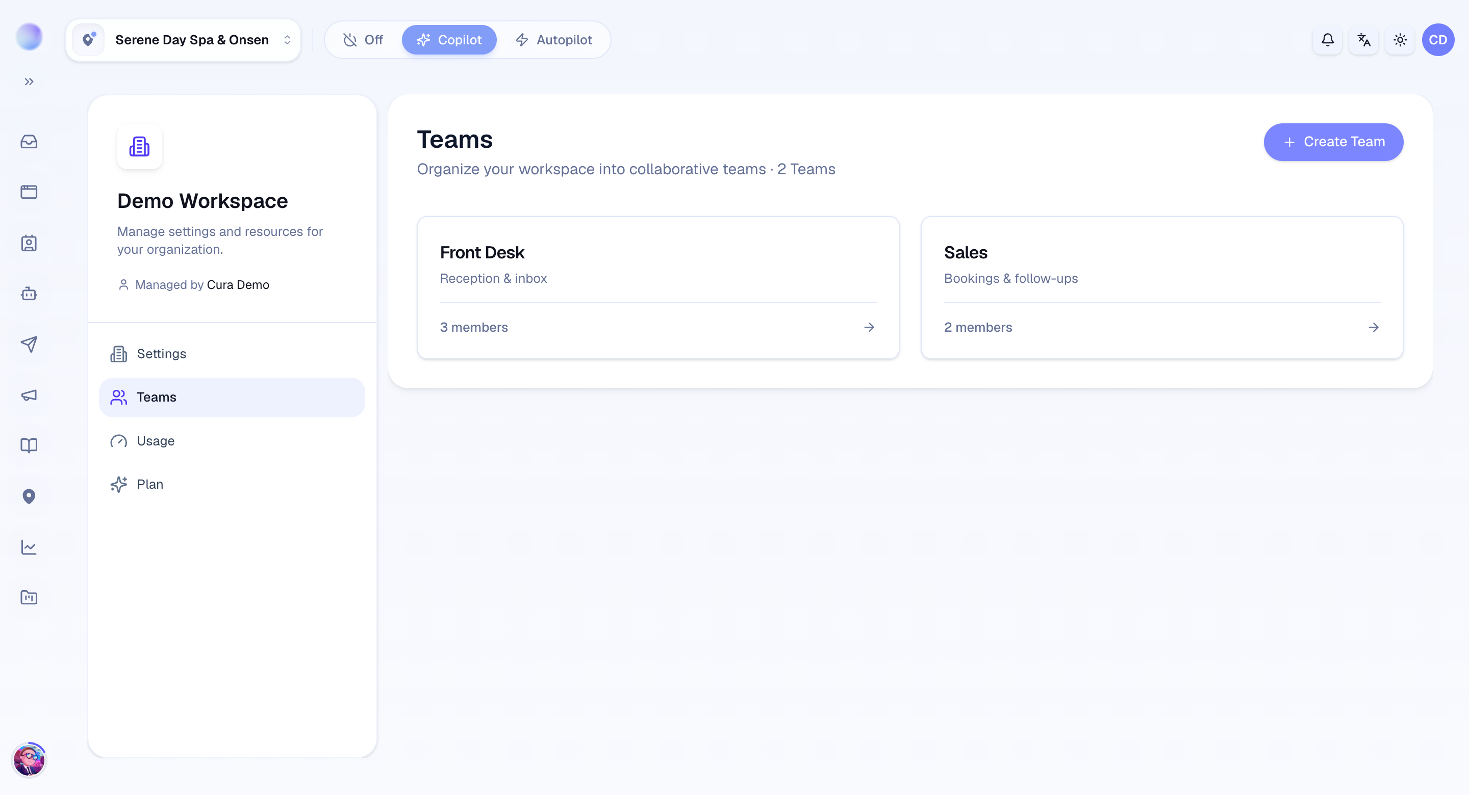 Teams in Cura — Front Desk and Sales, each with its own members