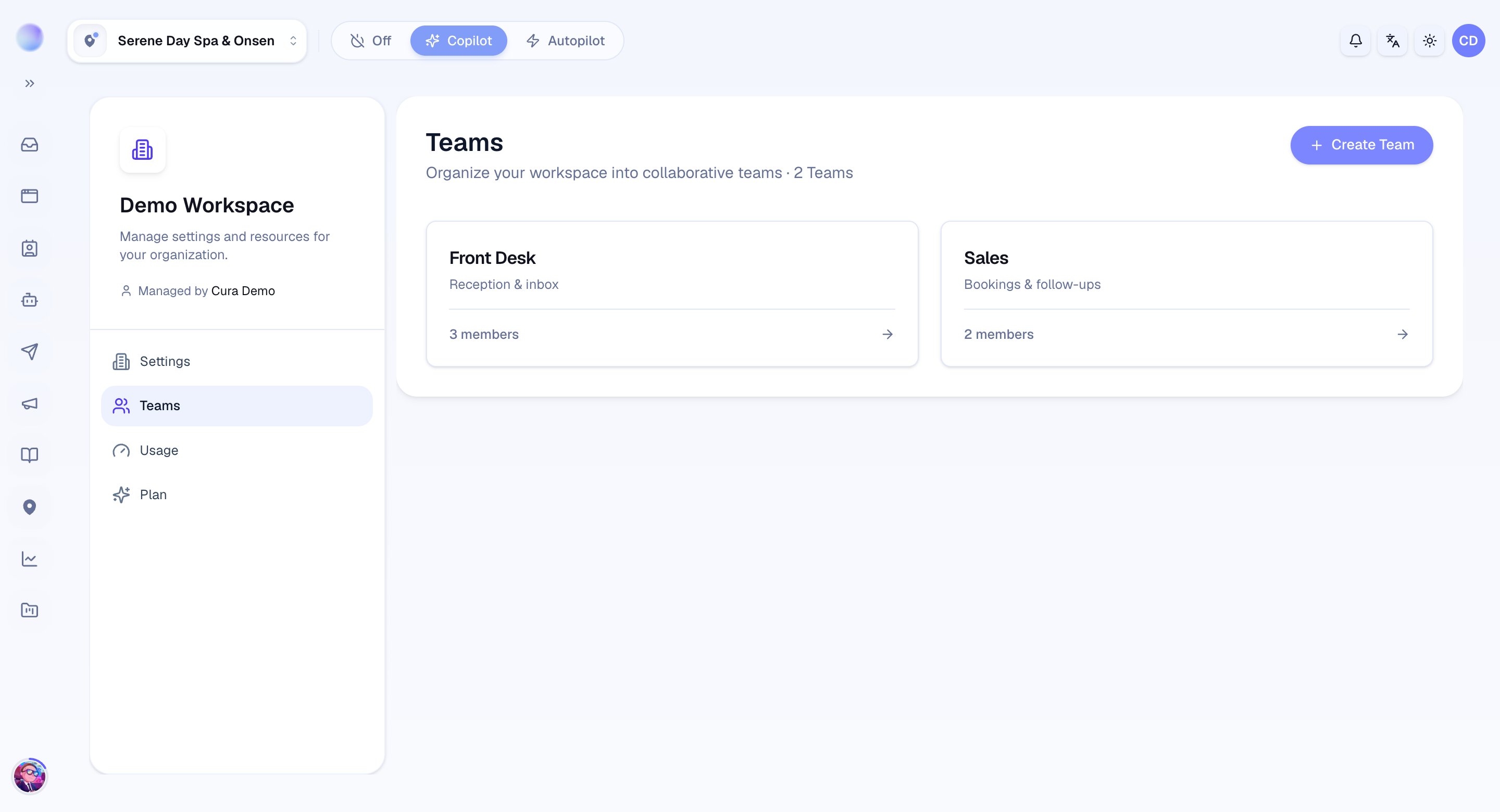 Teams in Cura — Front Desk and Sales, each with its own members