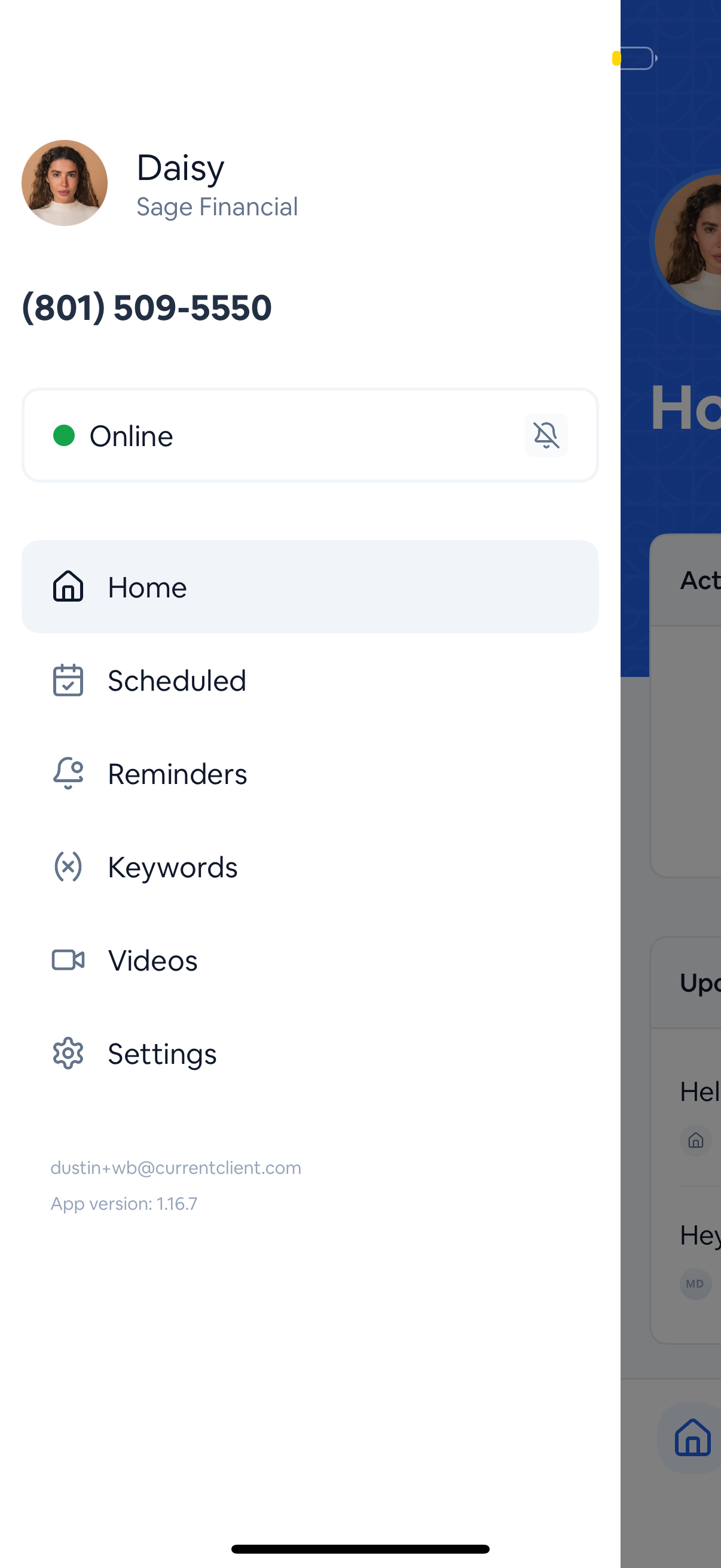 Mobile drawer with status