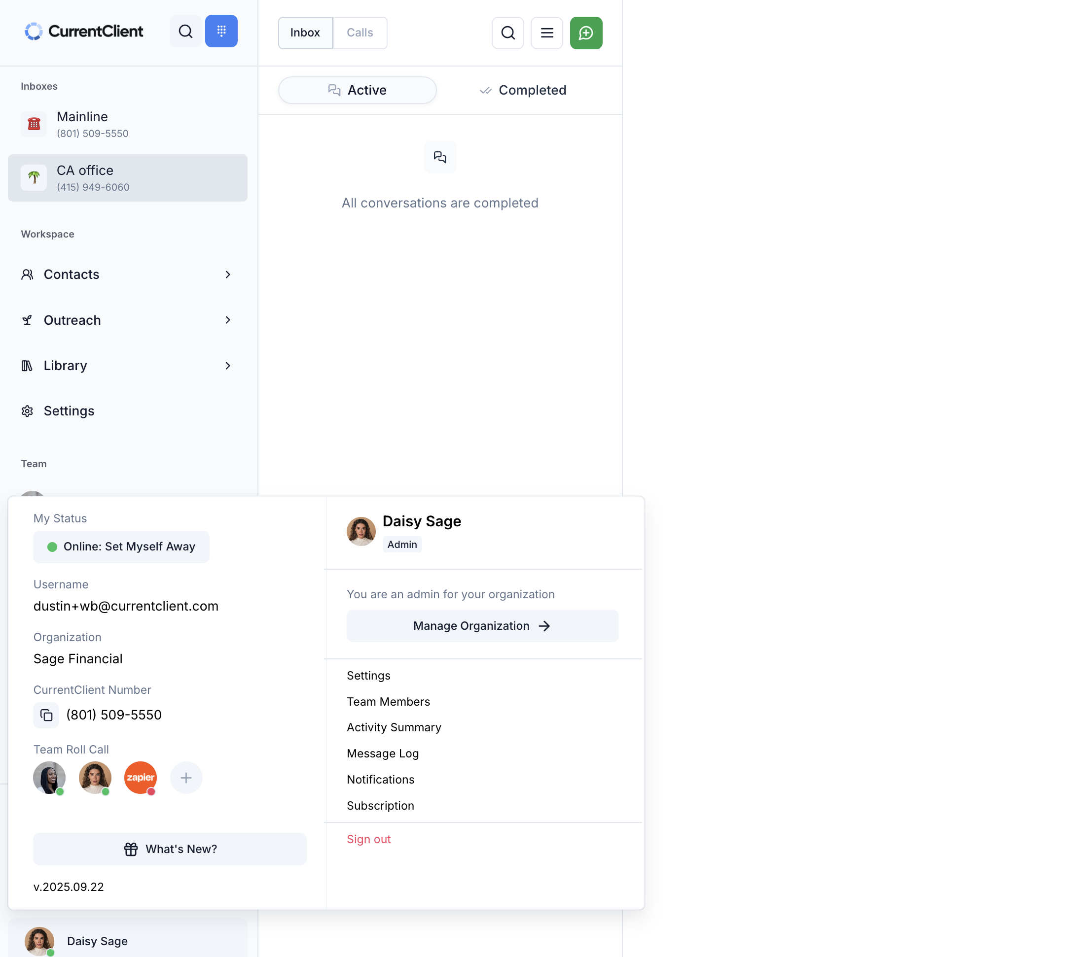 Profile menu showing the Manage Organization button