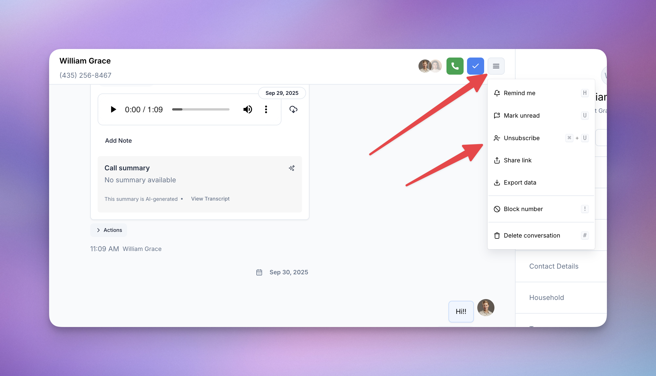 Manual unsubscribe action in conversation menu
