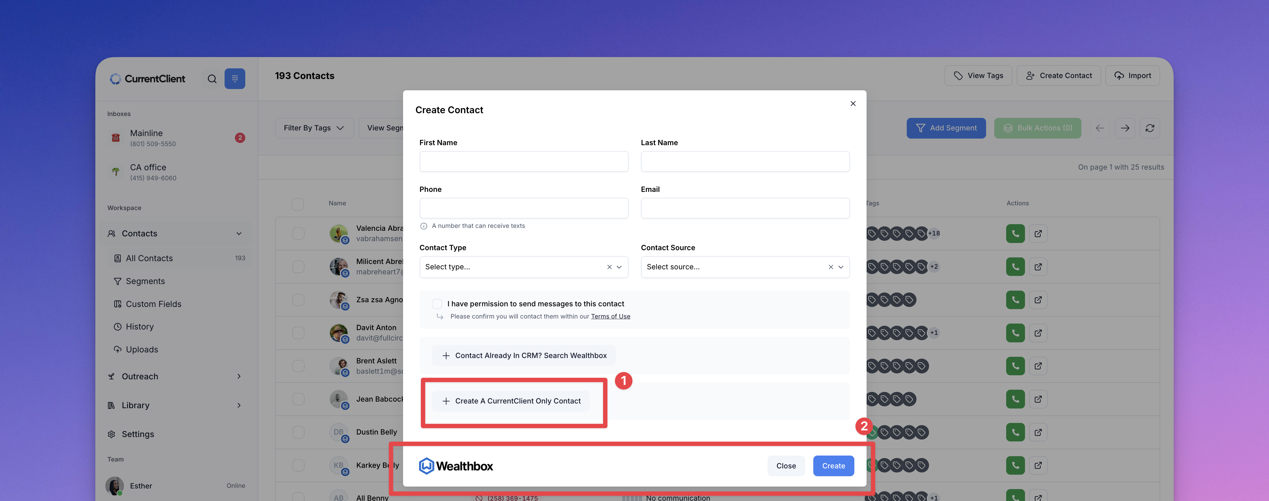 Contact creation modal