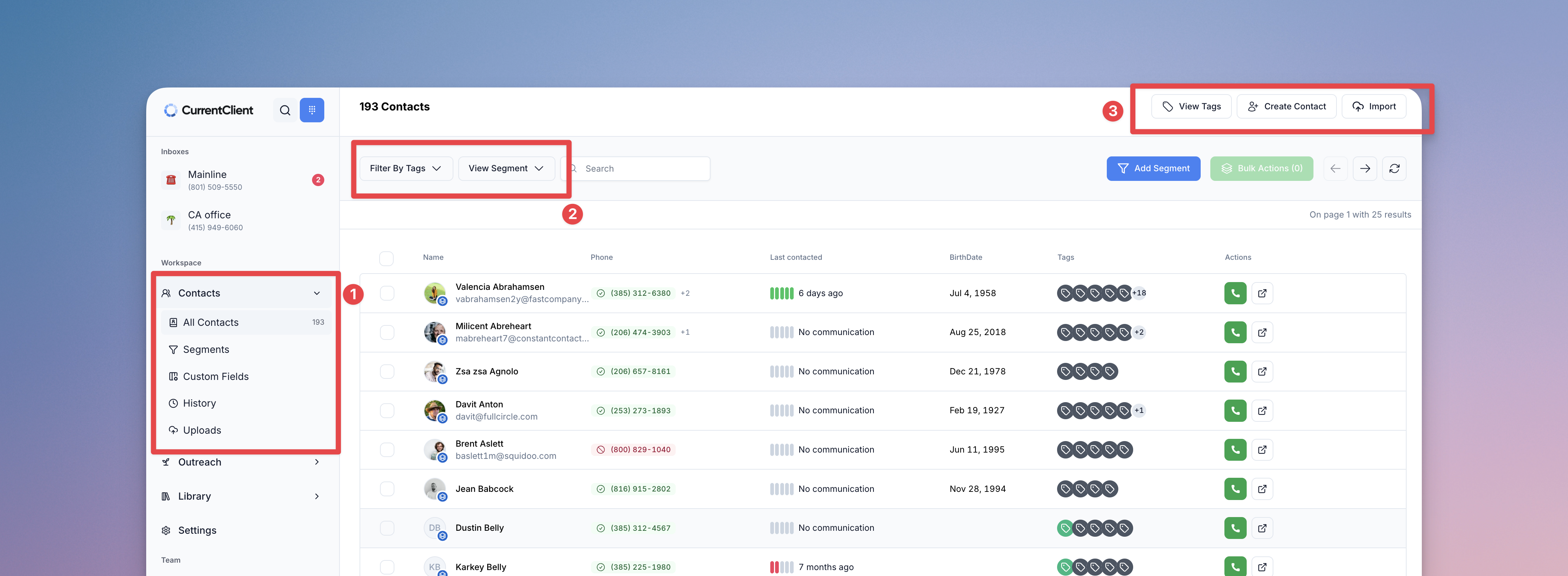 Contact overview page showing segment
filter