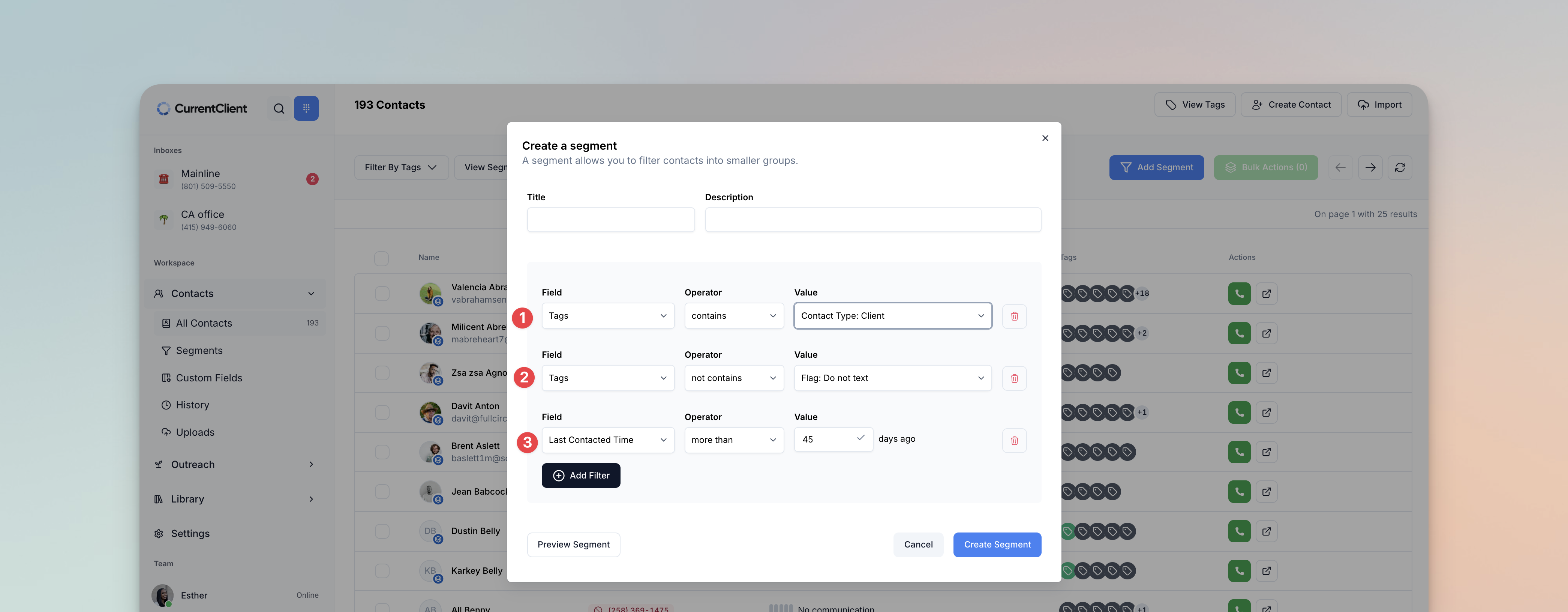 Segment creation modal