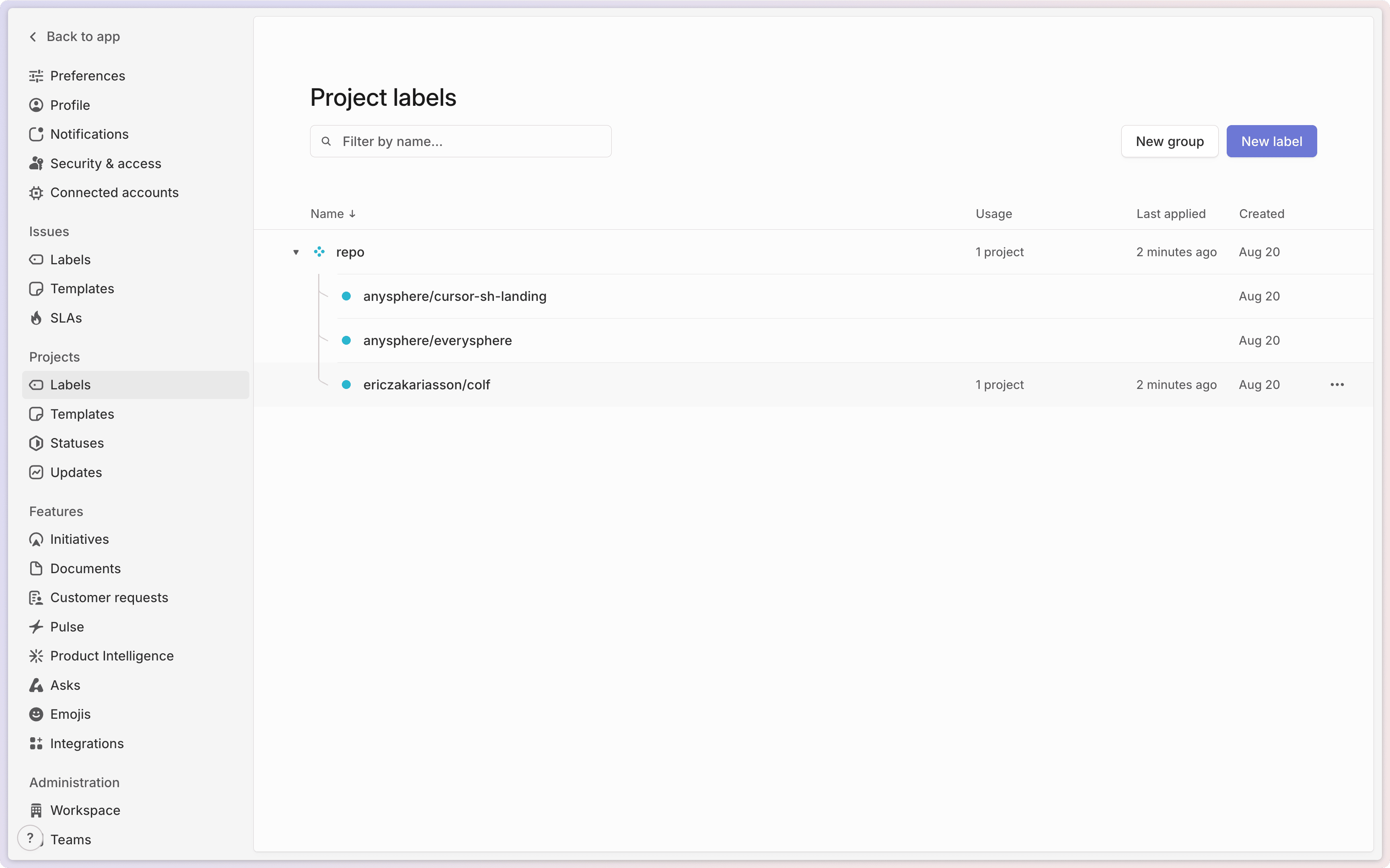 Repository-Labels in Linear konfigurieren