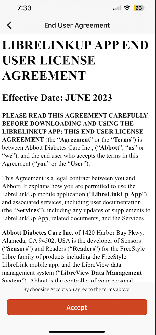 LibreLinkUp Terms and Conditions Screen